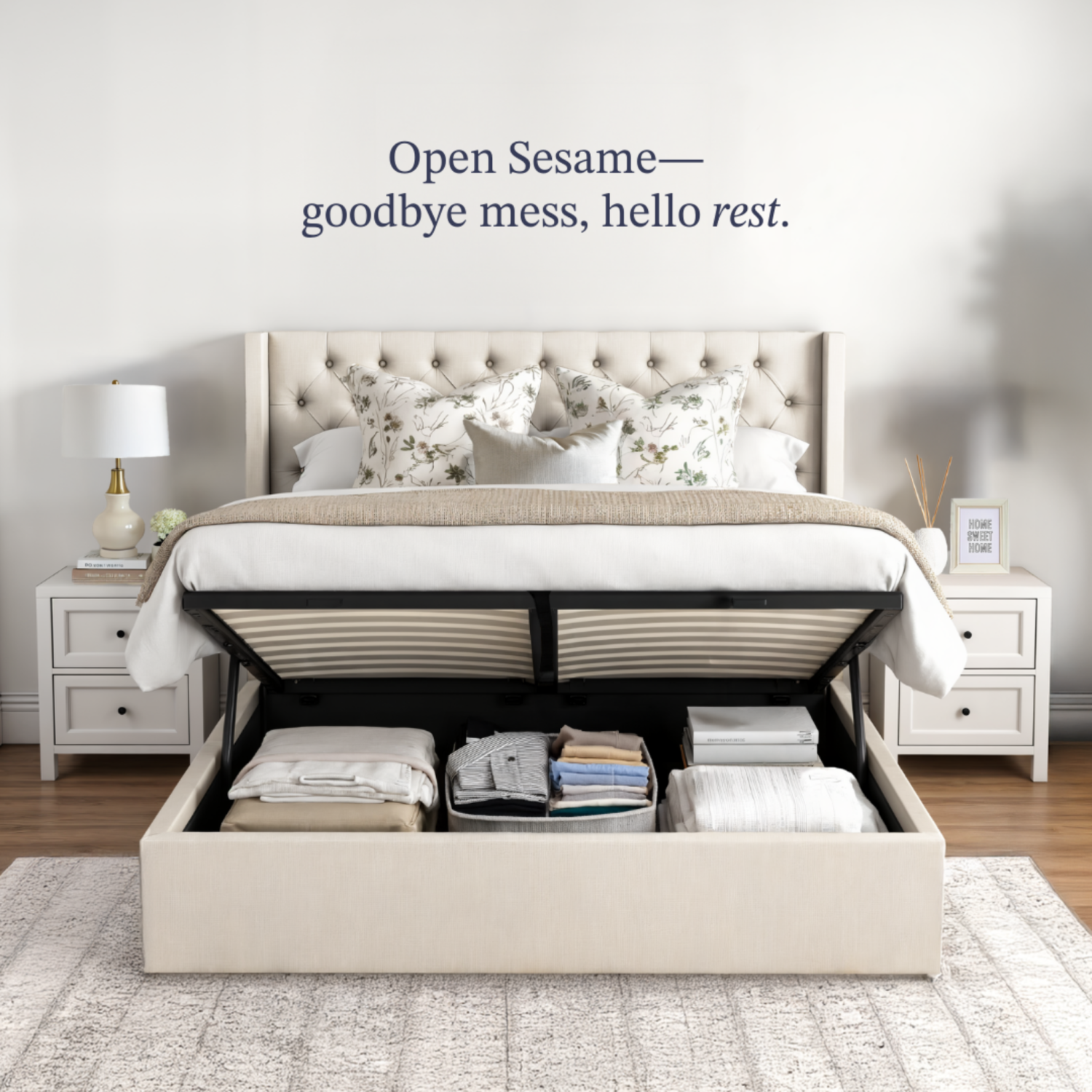 Cadre de grand lit Aykah Nora avec rangement hydraulique, cadre de lit plateforme en métal et tête de lit haute, support de lattes en bois, style