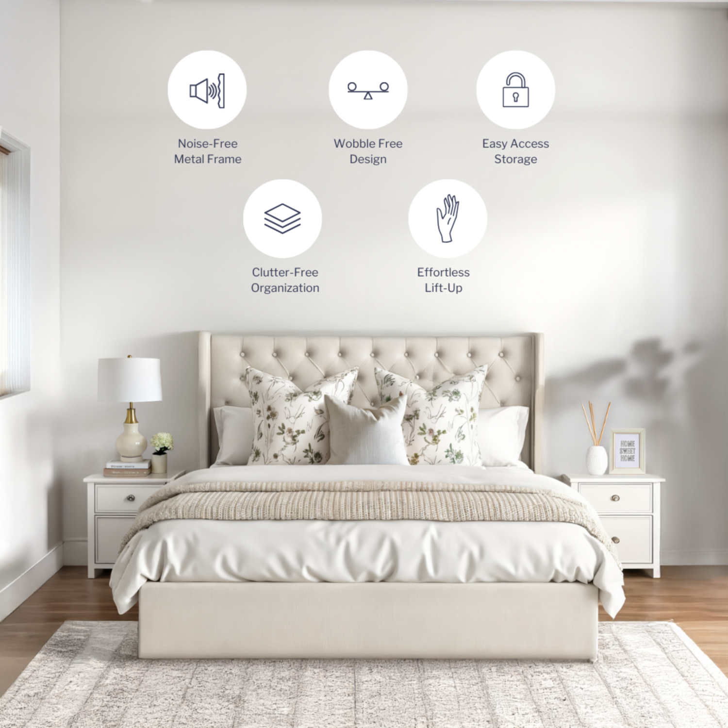 Cadre de grand lit Aykah Nora avec rangement hydraulique, cadre de lit plateforme en métal et tête de lit haute, support de lattes en bois, style