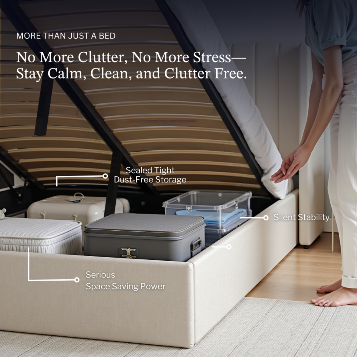 Cadre de très grand lit Jenny avec rangement relevable, cadre de très grand lit en métal recouvert et tête de lit à ailettes, aucun sommier requis