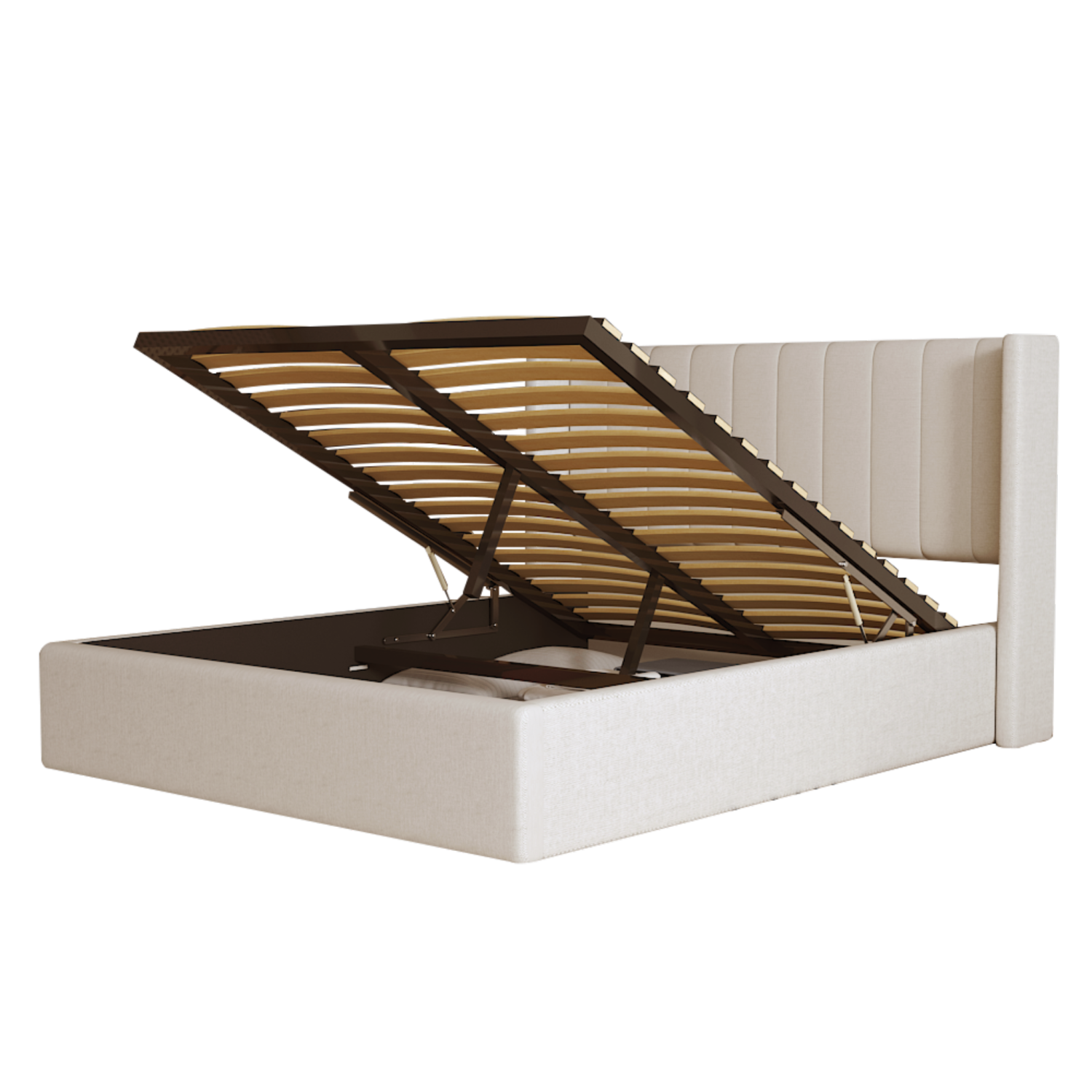 Cadre de très grand lit Jenny avec rangement relevable, cadre de très grand lit en métal recouvert et tête de lit à ailettes, aucun sommier requis