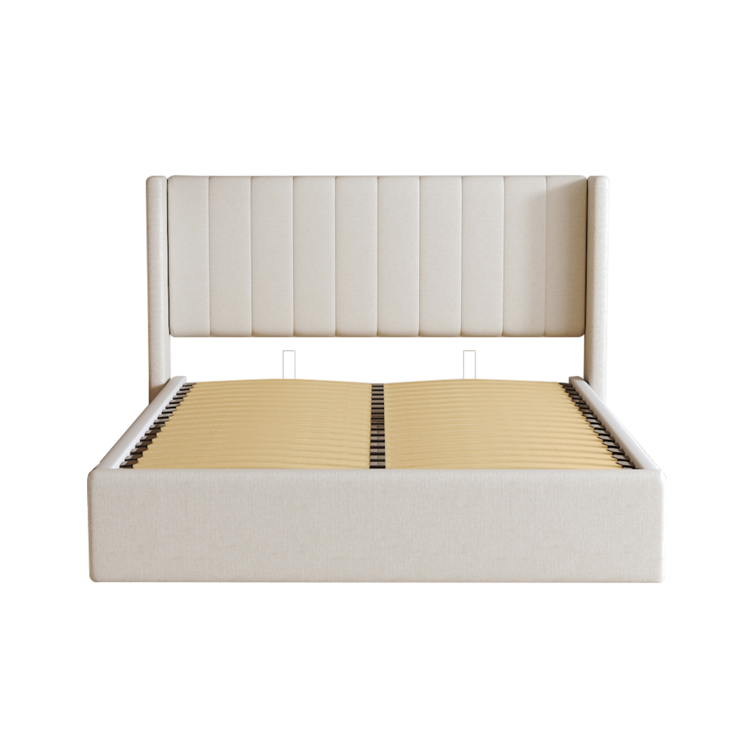 Cadre de très grand lit Jenny avec rangement relevable, cadre de très grand lit en métal recouvert et tête de lit à ailettes, aucun sommier requis