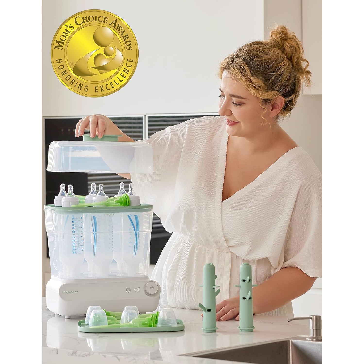 Stérilisateur de biberons et séchoir 3 couches de Momcozy, stérilisation et séchage rapides, pour tous les biberons et accessoires de tire-lait,