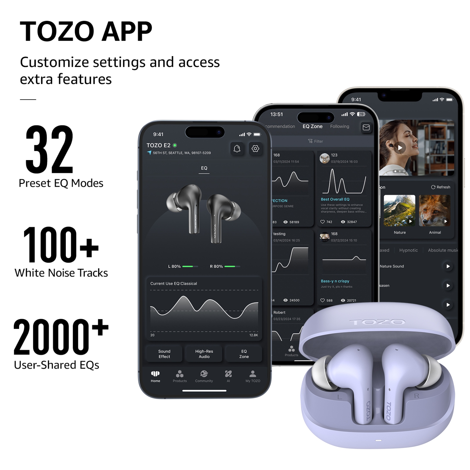 TOZO E2 Wireless Earbuds In-Ear ENC Noise Cancelling 2 Mics for Clear Calls Bluetooth Water/Sweat Resistant - Lilac
