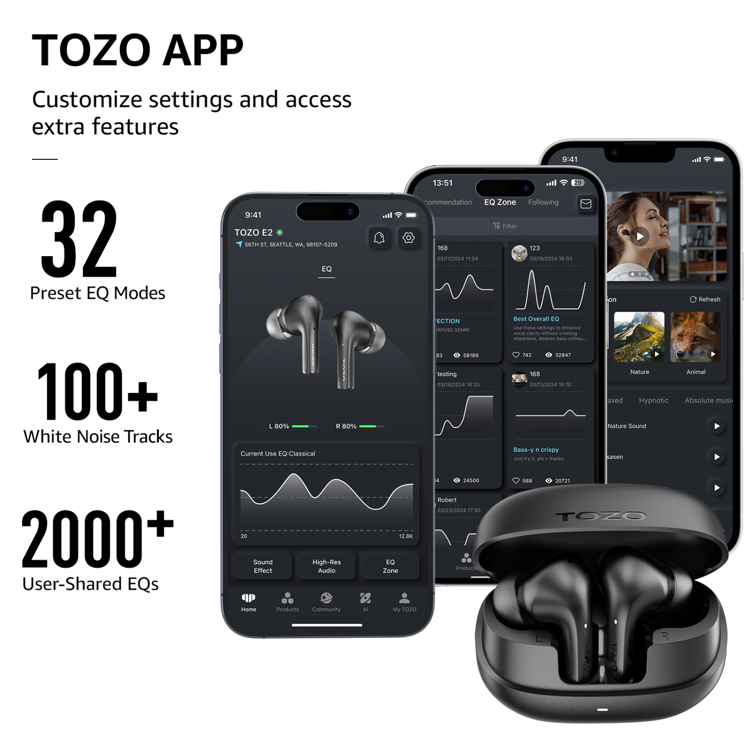 TOZO E2 True Wireless Earbuds In-Ear ENC Noise Cancelling 2 Mics for Clear Calls Bluetooth Water/Sweat Resistant - Black