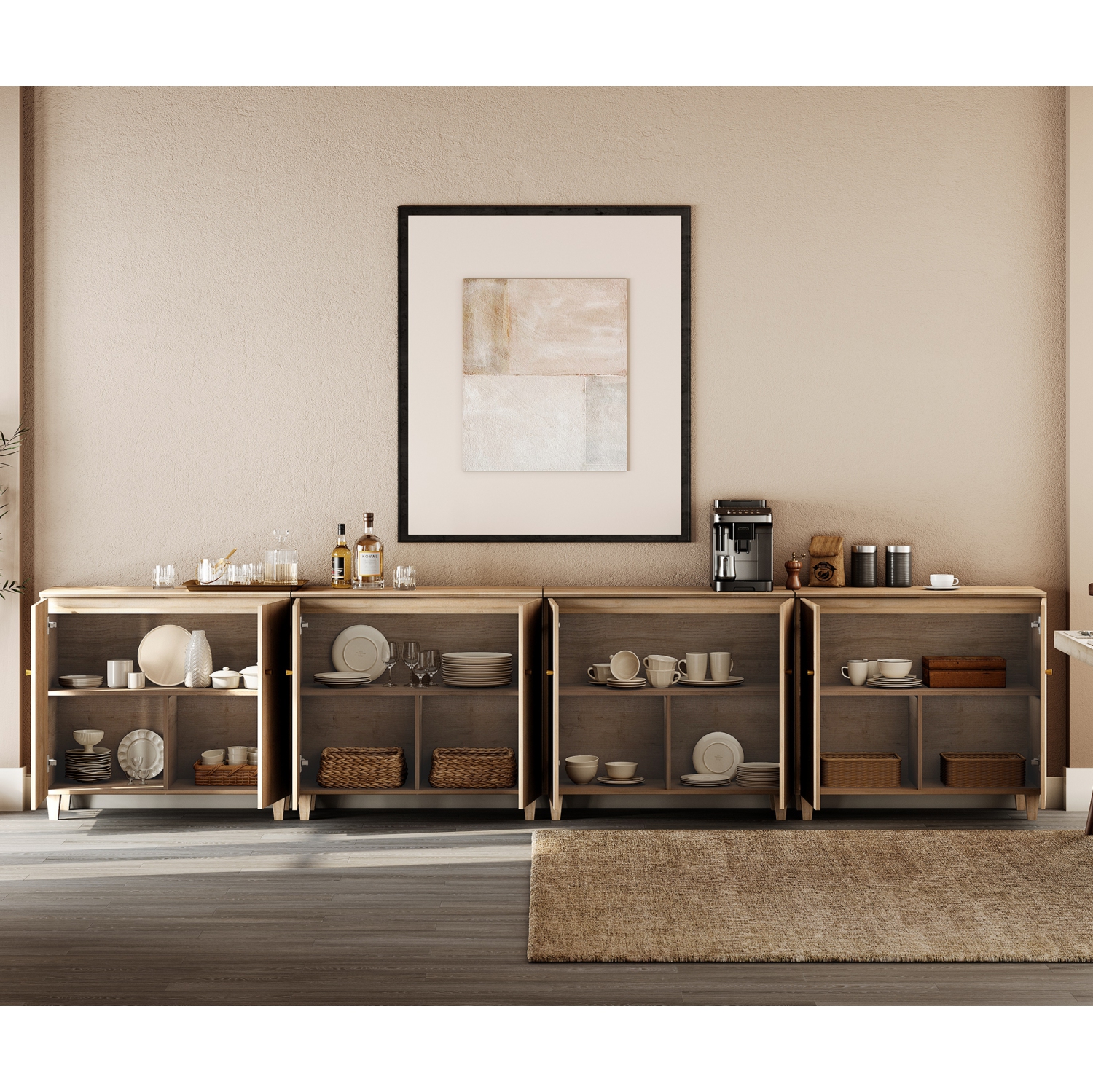 WAMPAT 4-in-1 Sideboard Buffet Cabinet, 141.6" Modern Storage Cabinet with Shelves&Doors, Wooden Coffee Bar Kitchen Credenza Console Table for Dining