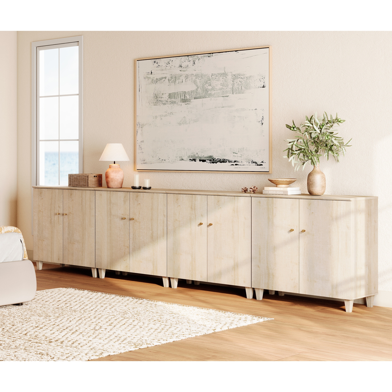 WAMPAT 4-in-1 Sideboard Buffet Cabinet, 141.6" Modern Storage Cabinet with Shelves&Doors, Wooden Coffee Bar Kitchen Credenza Console Table for Dining