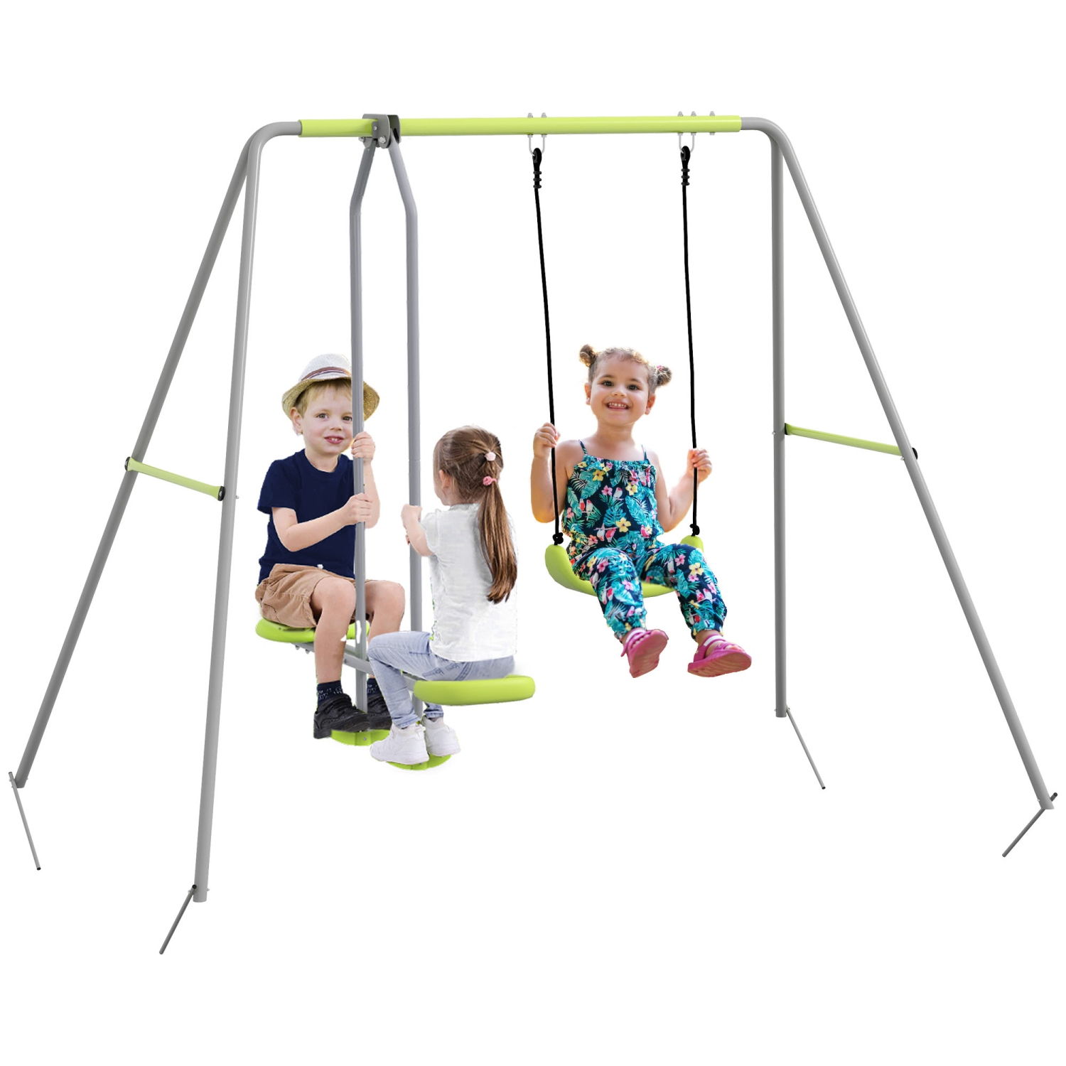 Balançoire en métal Outsunny 2 en 1 avec fauteuil coulissant, siège de balançoire, piquets, balançoire pour enfants pour la cour, l'extérieur, l'aire