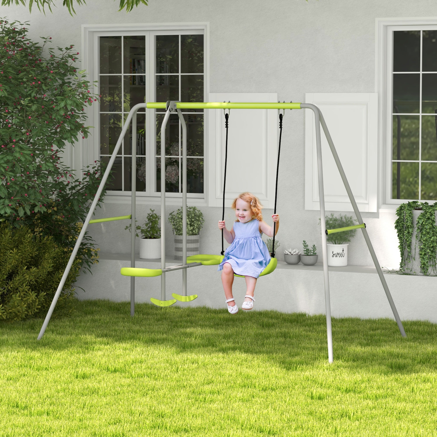 Balançoire en métal Outsunny 2 en 1 avec fauteuil coulissant, siège de balançoire, piquets, balançoire pour enfants pour la cour, l'extérieur, l'aire