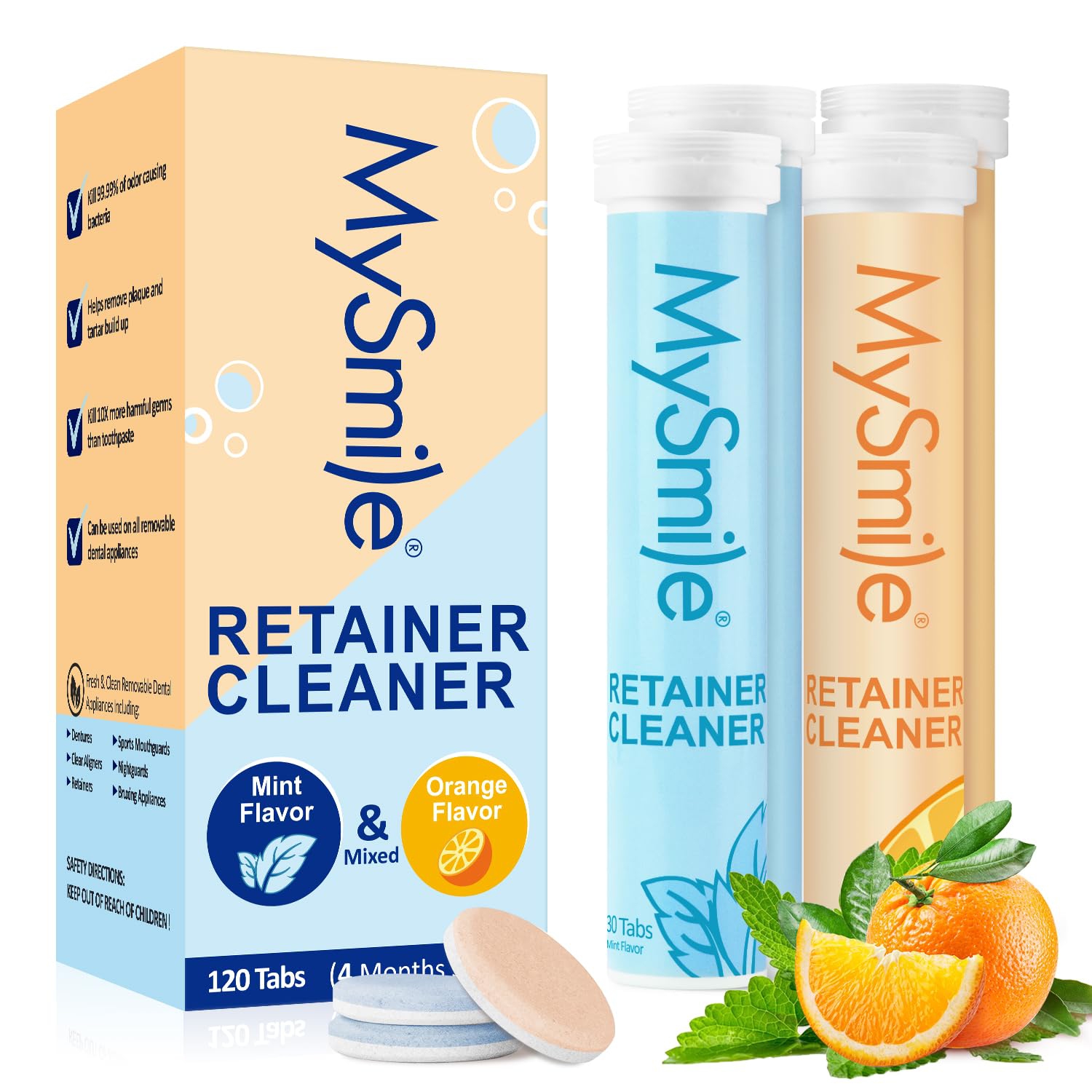 MySmile Retainer Cleaner with 120 Denture Cleaning Tablets, Quickly Remove Odors, Discoloration Stains & Plaque from Aligner, Mouth Guard, Night