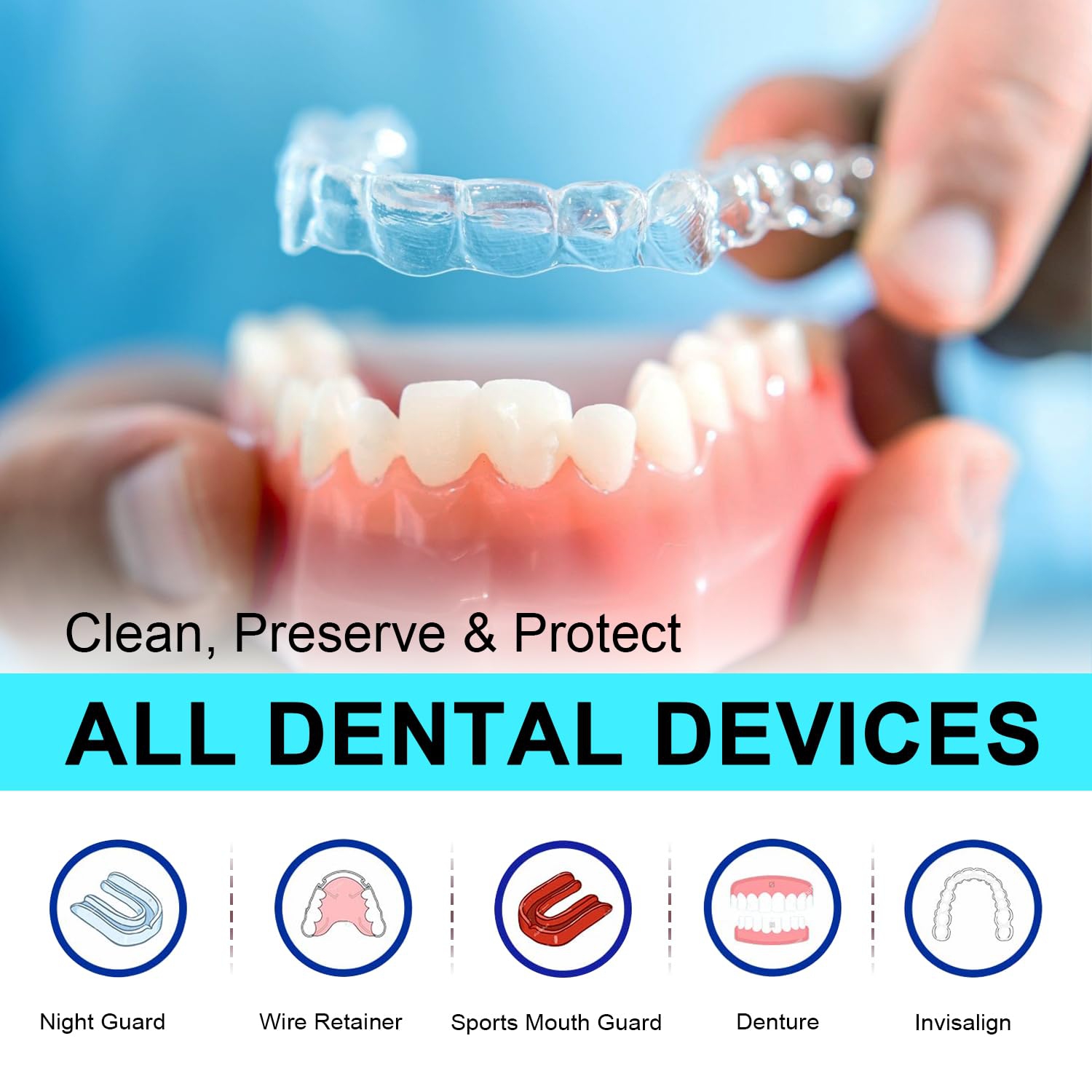 MySmile Retainer Cleaner with 120 Denture Cleaning Tablets, Quickly Remove Odors, Discoloration Stains & Plaque from Aligner, Mouth Guard, Night