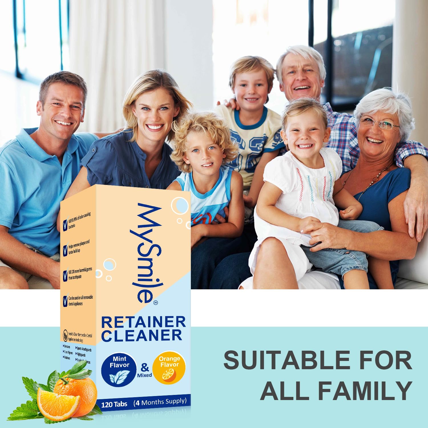 MySmile Retainer Cleaner with 120 Denture Cleaning Tablets, Quickly Remove Odors, Discoloration Stains & Plaque from Aligner, Mouth Guard, Night