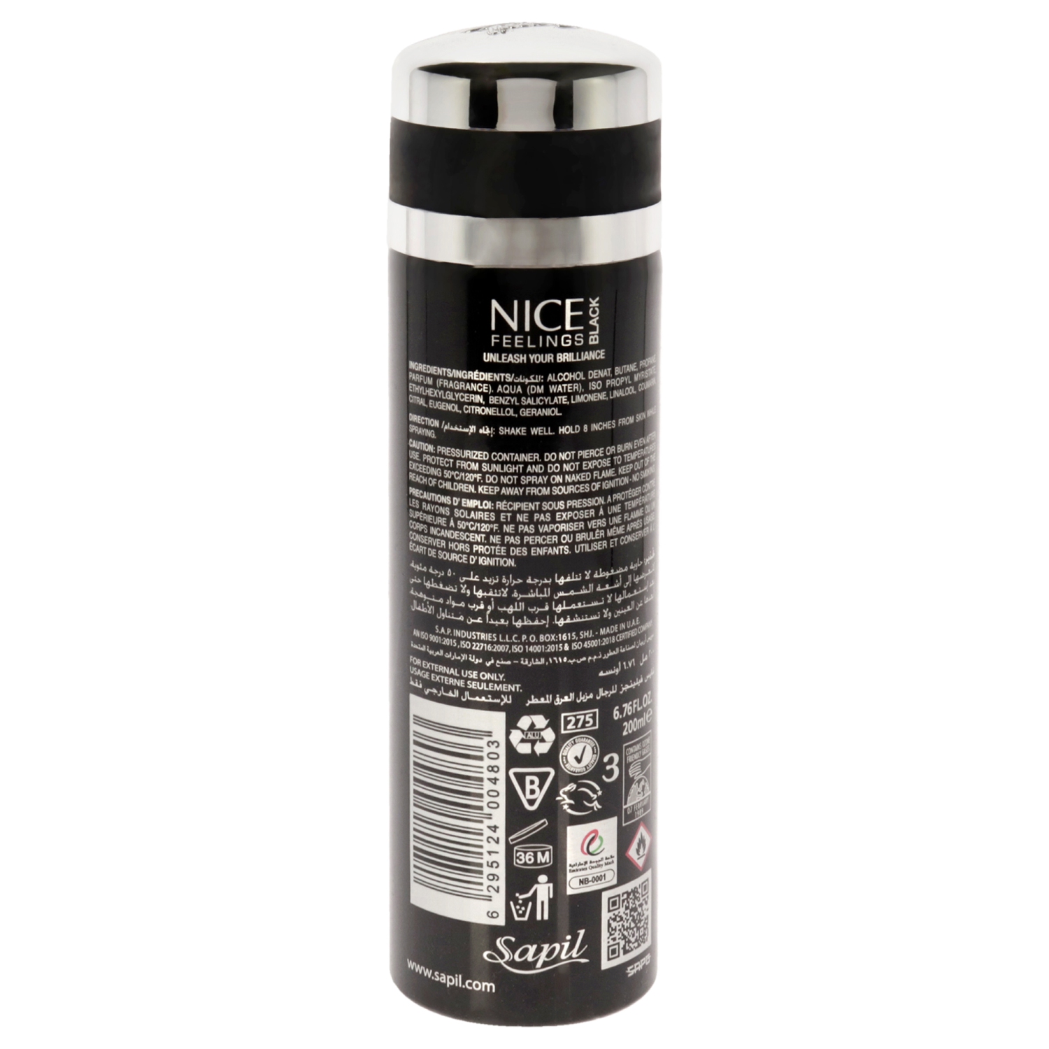 Nice Feelings Black by Sapil for Men - 6.76 oz Deodorant Spray