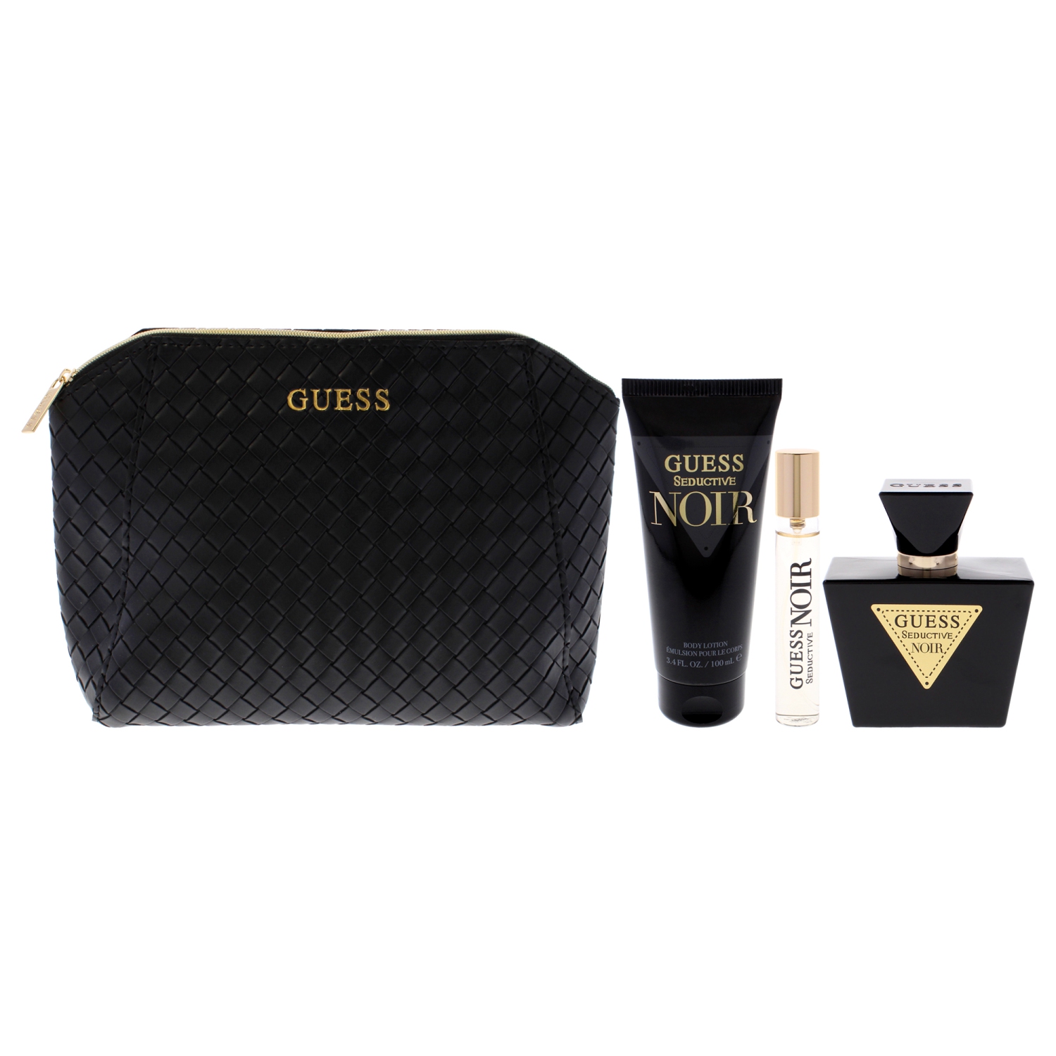 Guess Seductive Noir by Guess for Women - 4 Pc Gift Set 2.5oz EDT Spray, 0.5oz EDT Spray, 3.4oz Body Lotion, Pouch