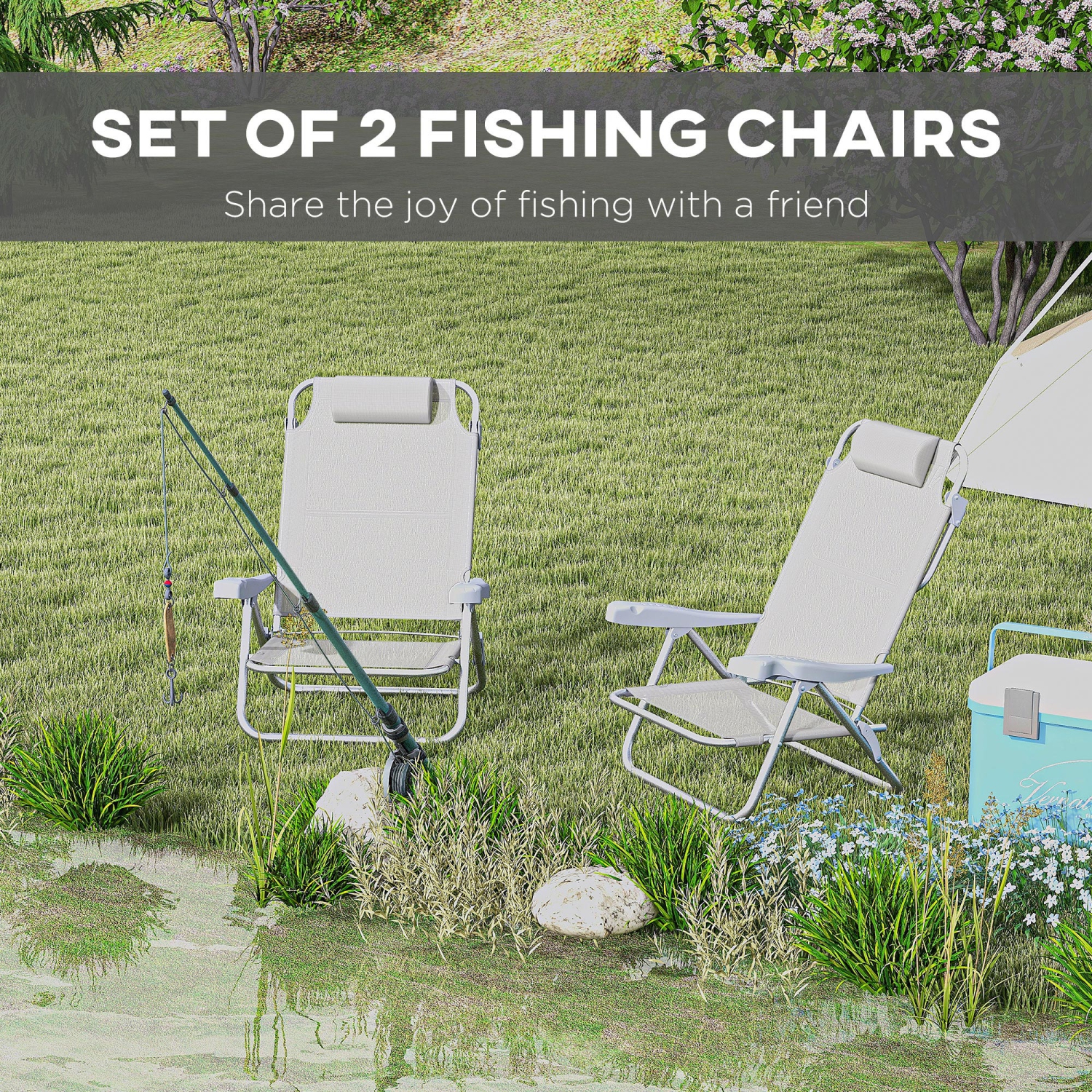 Outsunny Set of 2 Portable Camping Chair, Lightweight Beach Chairs with 6-Level Adjustable Backrest and Headrest, Folding Chair for Outdoor, Beach,