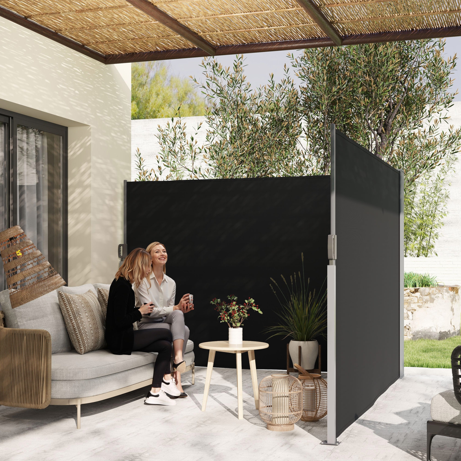 Outsunny Patio Retractable Double Side Awning, 79"x236" Outdoor Privacy Screen, UV Resistant, Waterproof Room Divider Sun Shade Wind Screen for