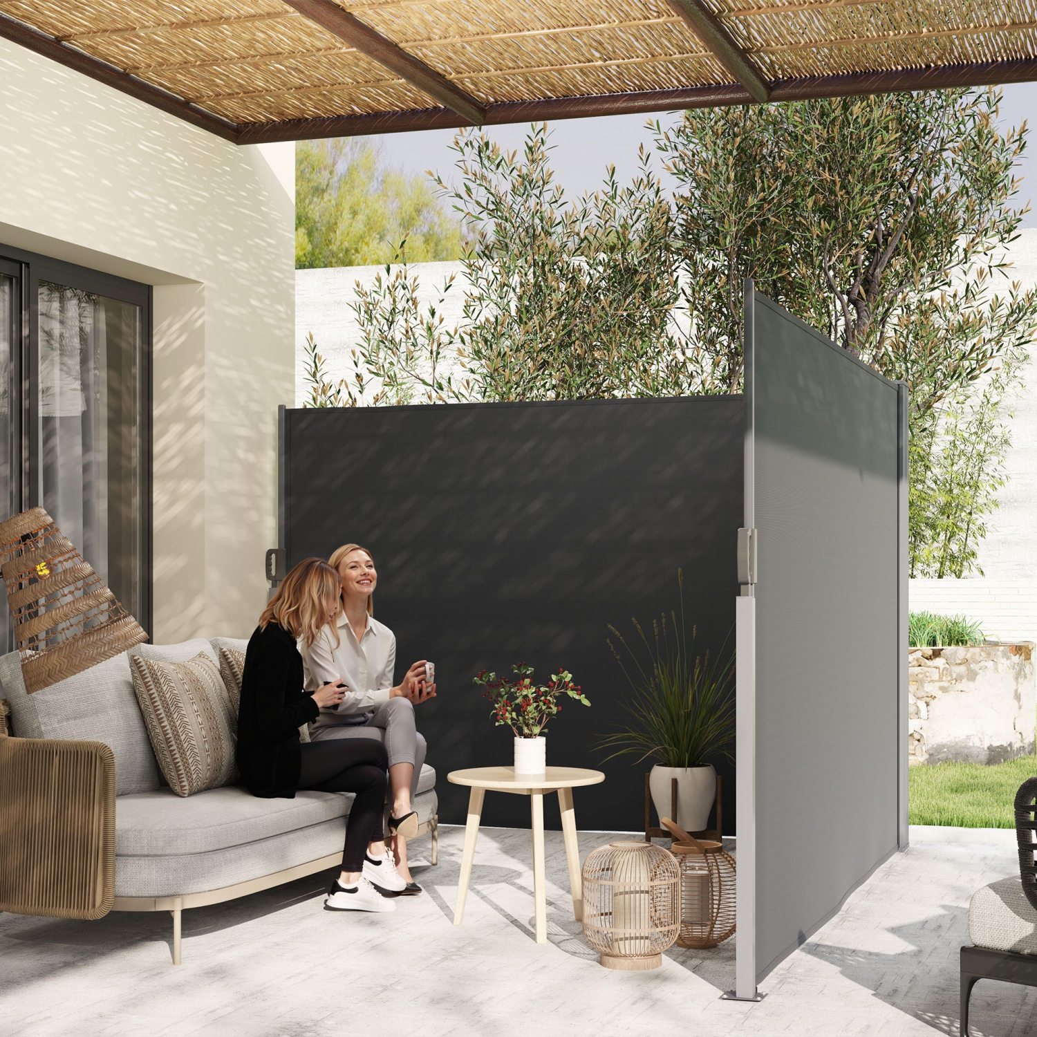 Outsunny Patio Retractable Double Side Awning, 79"x236" Outdoor Privacy Screen, UV Resistant, Waterproof Room Divider Sun Shade Wind Screen for