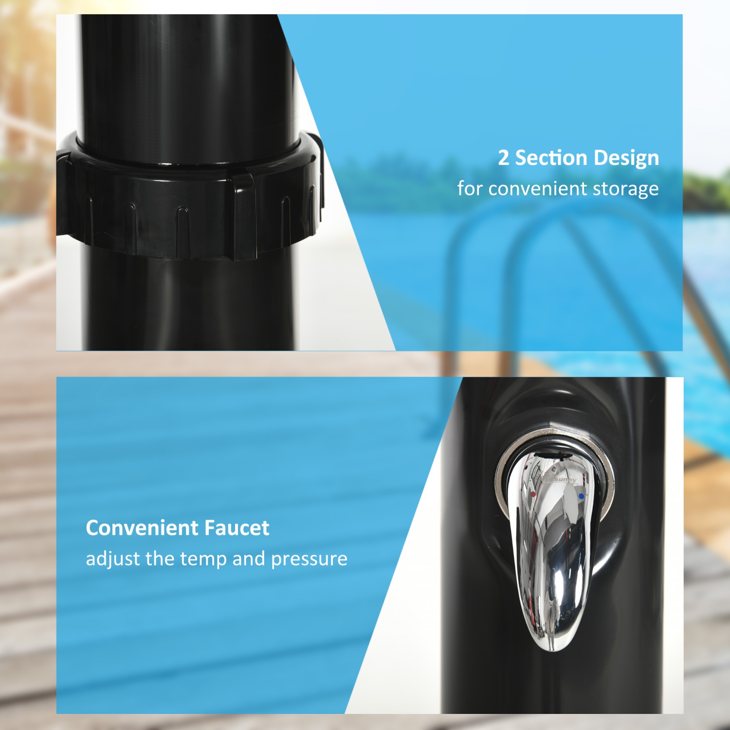 Outsunny 5.3 Gallons Solar Heated Shower with 360 Rotating Rainfall, Handheld Shower Head, Temperature Adjustment & Foot Shower, 2 Section Outdoor