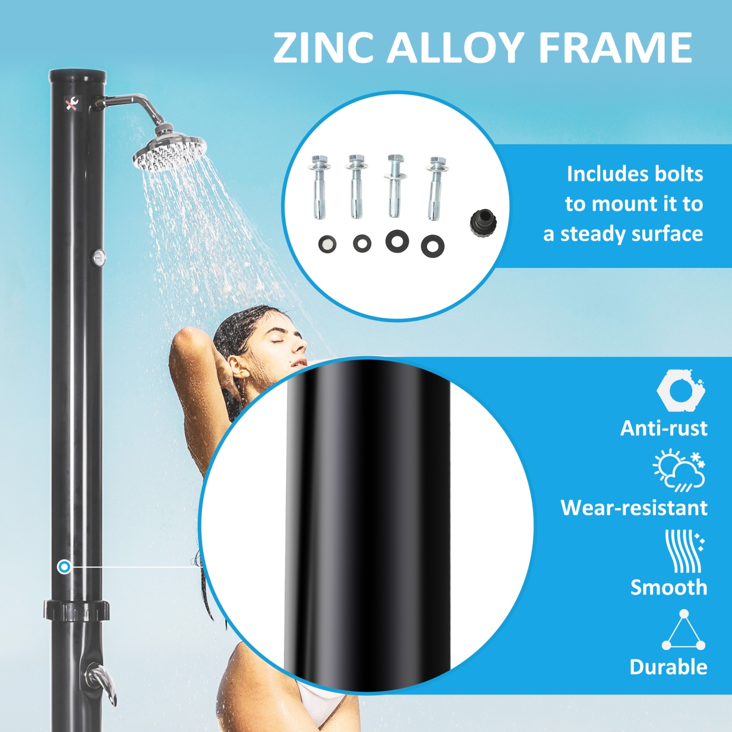 Outsunny 5.3 Gallons Solar Heated Shower with 360 Rotating Rainfall, Handheld Shower Head, Temperature Adjustment & Foot Shower, 2 Section Outdoor