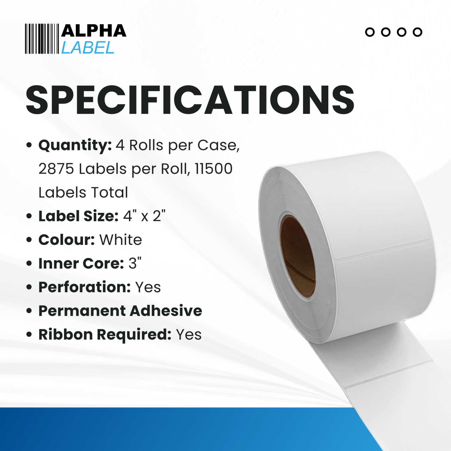 [4 Rolls, 11500 Labels] Alpha Label - 4" x 2" Thermal Transfer Labels, 3” Core, 8” OD, Ribbon Required, Made in Canada