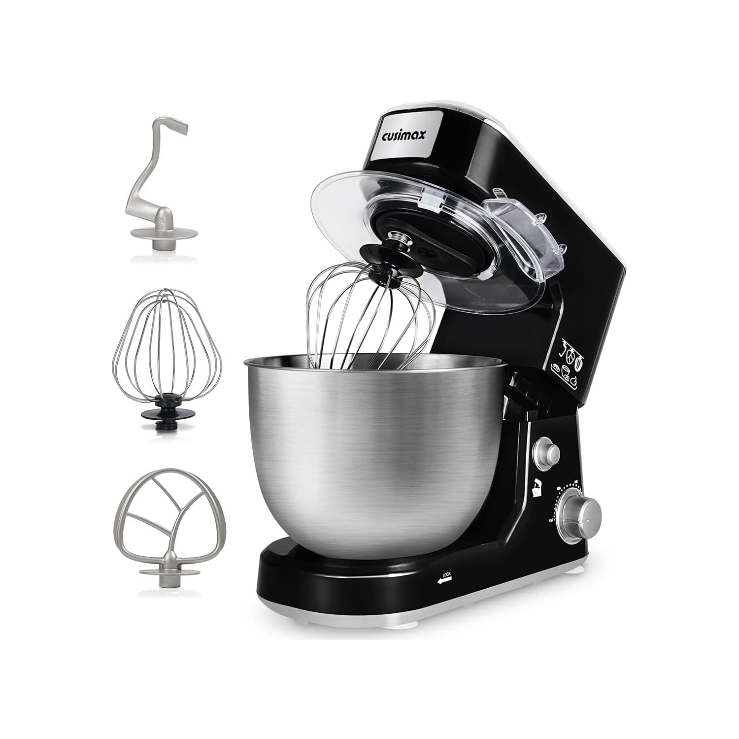 Batteur sur socle de 5 pintes de CUSIMAX avec crochet pétrisseur, fouet plat, acier inoxydable, noir