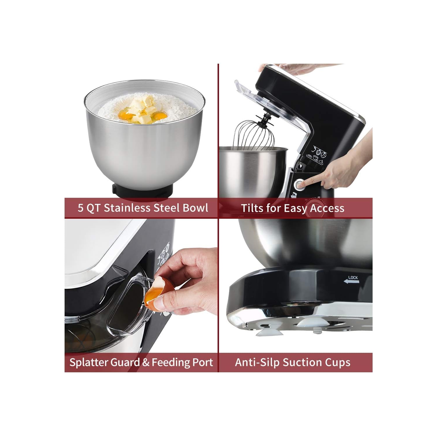 Batteur sur socle de 5 pintes de CUSIMAX avec crochet pétrisseur, fouet plat, acier inoxydable, noir