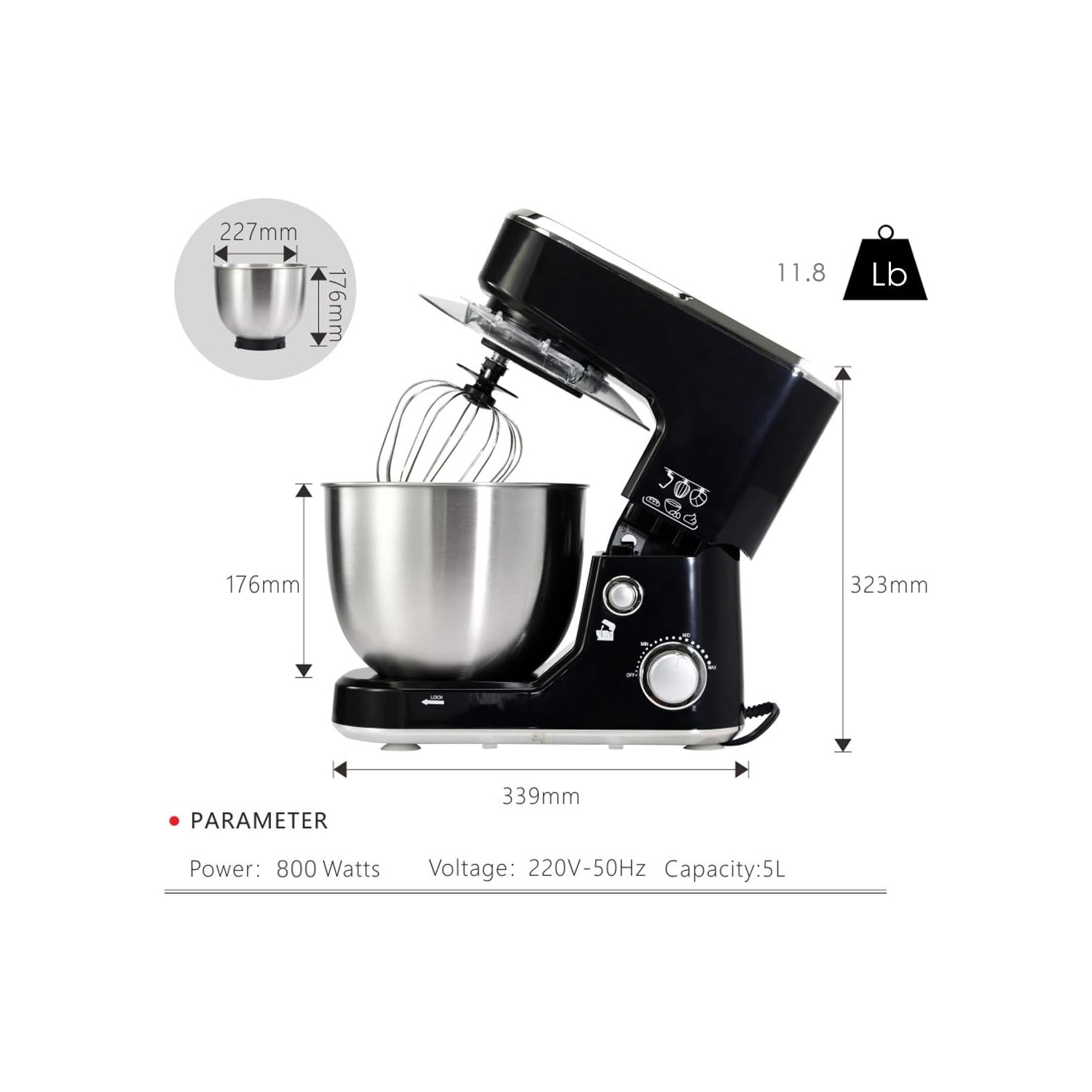 Batteur sur socle de 5 pintes de CUSIMAX avec crochet pétrisseur, fouet plat, acier inoxydable, noir