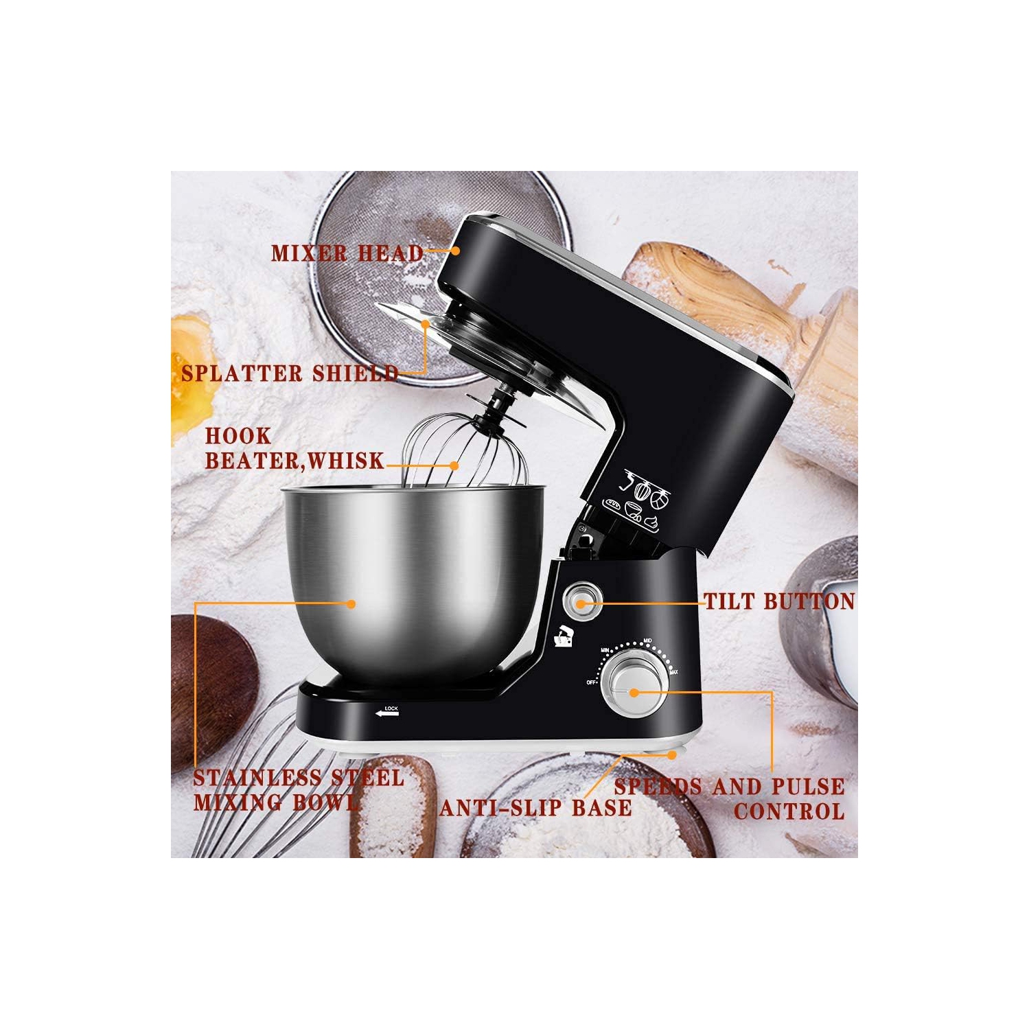 Batteur sur socle de 5 pintes de CUSIMAX avec crochet pétrisseur, fouet plat, acier inoxydable, noir