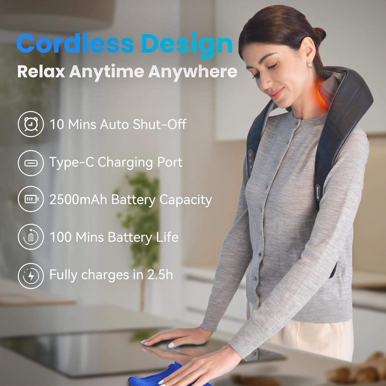 Coussin de massage shiatsu sans fil pour le dos COMFIER, 2 niveaux de chaleur