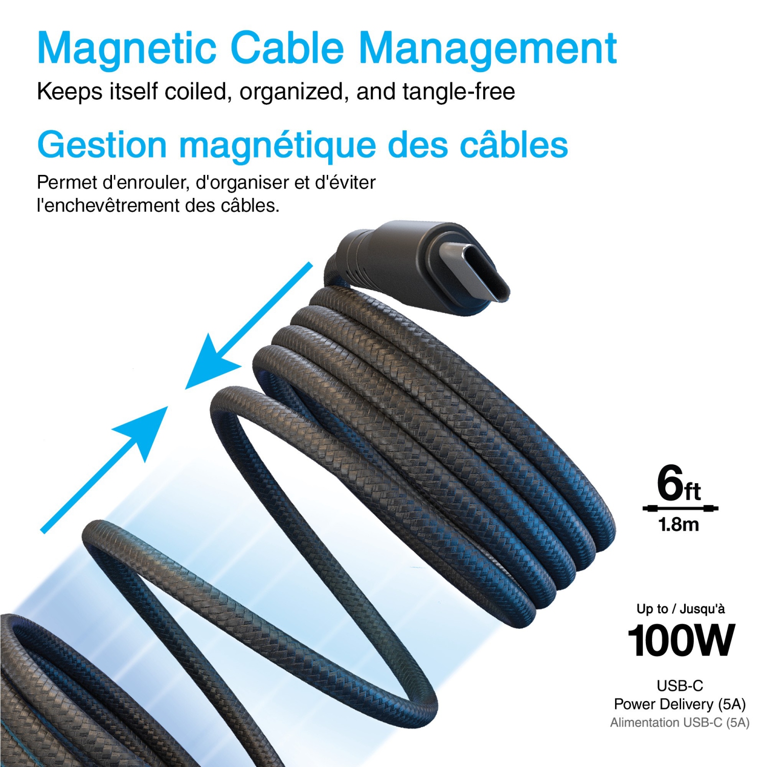 Naztech 6 ft ReCoil USB-C to USB-C Magnetic Braided Cable - Black