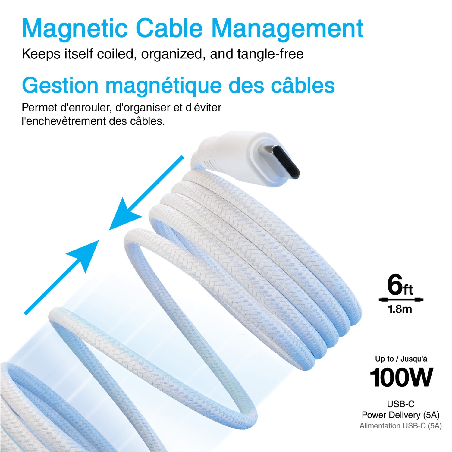 Naztech 6 ft ReCoil USB-C to USB-C Magnetic Braided Cable - White