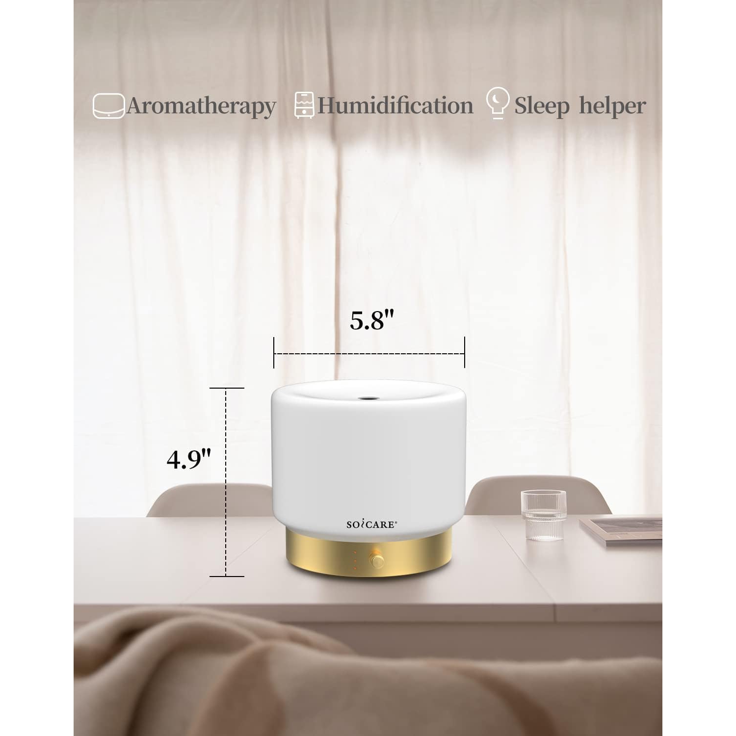 Diffuseur en verre de SOICARE avec aluminium doré. Diffuseurs d'huile d'aromathérapie pour décoration de pièce de base tout-en-un pour huiles