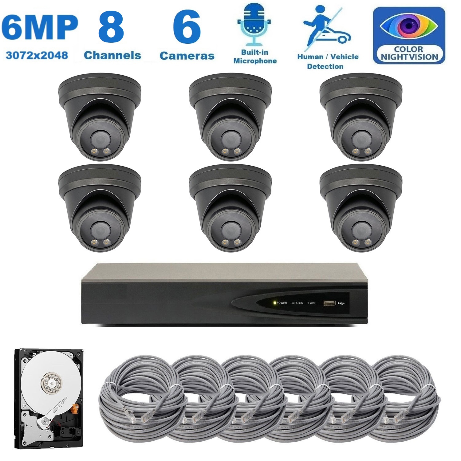 Full Color Night Vision 6MP Wired Audio Security Camera System, 6 Camera Surveillance Kit Outdoor DIY Audio 2TB HDD Included for Home Business