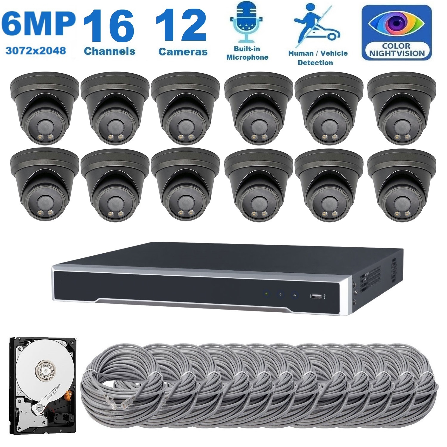 Full Color Night Vision 6MP Wired Audio Security Camera System, 12 Camera Surveillance Kit Outdoor DIY Audio 4TB HDD Included for Home Business