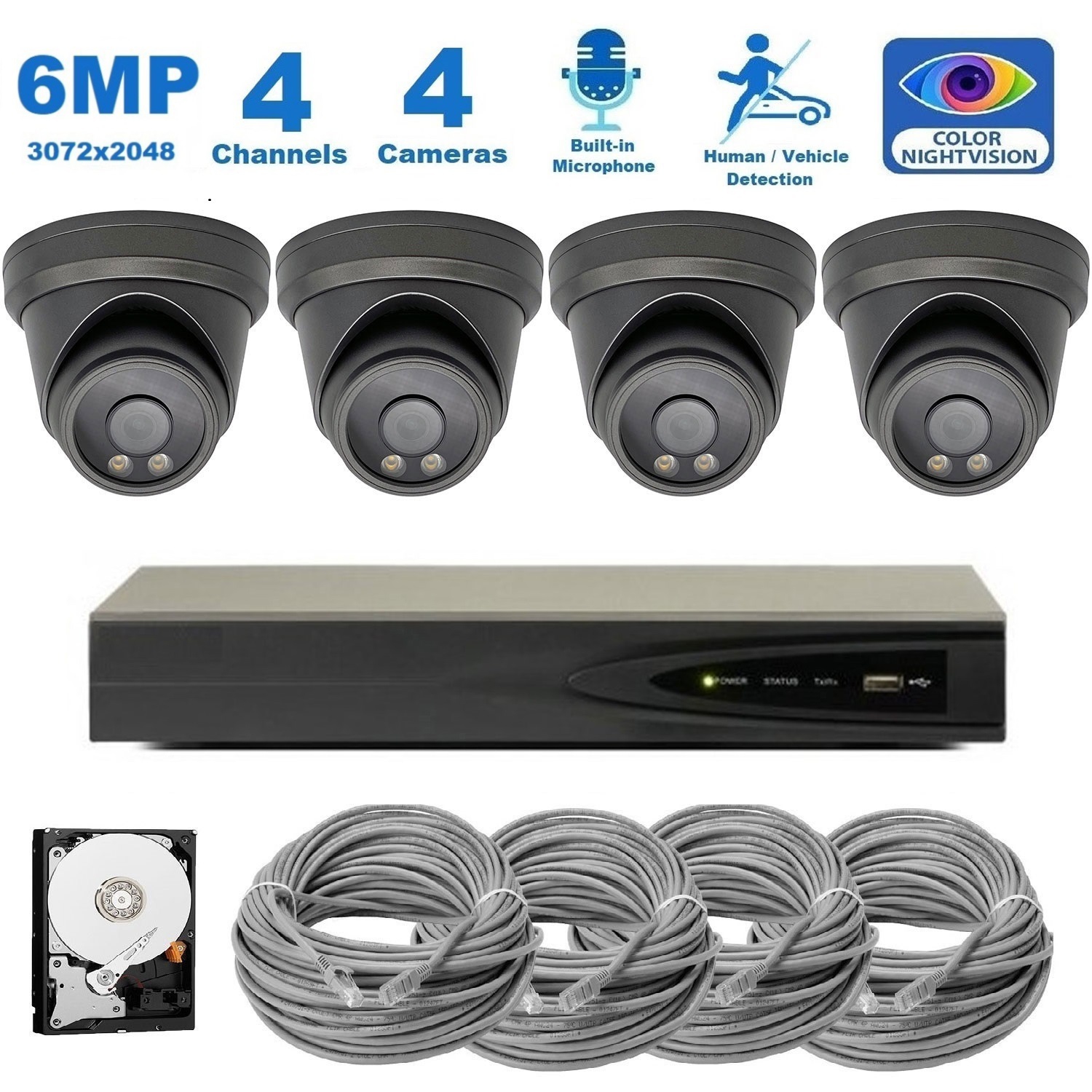 Full Color Night Vision 6MP Wired Audio Security Camera System, 4 Camera Surveillance Kit Outdoor DIY Audio 2TB HDD Included for Home Business