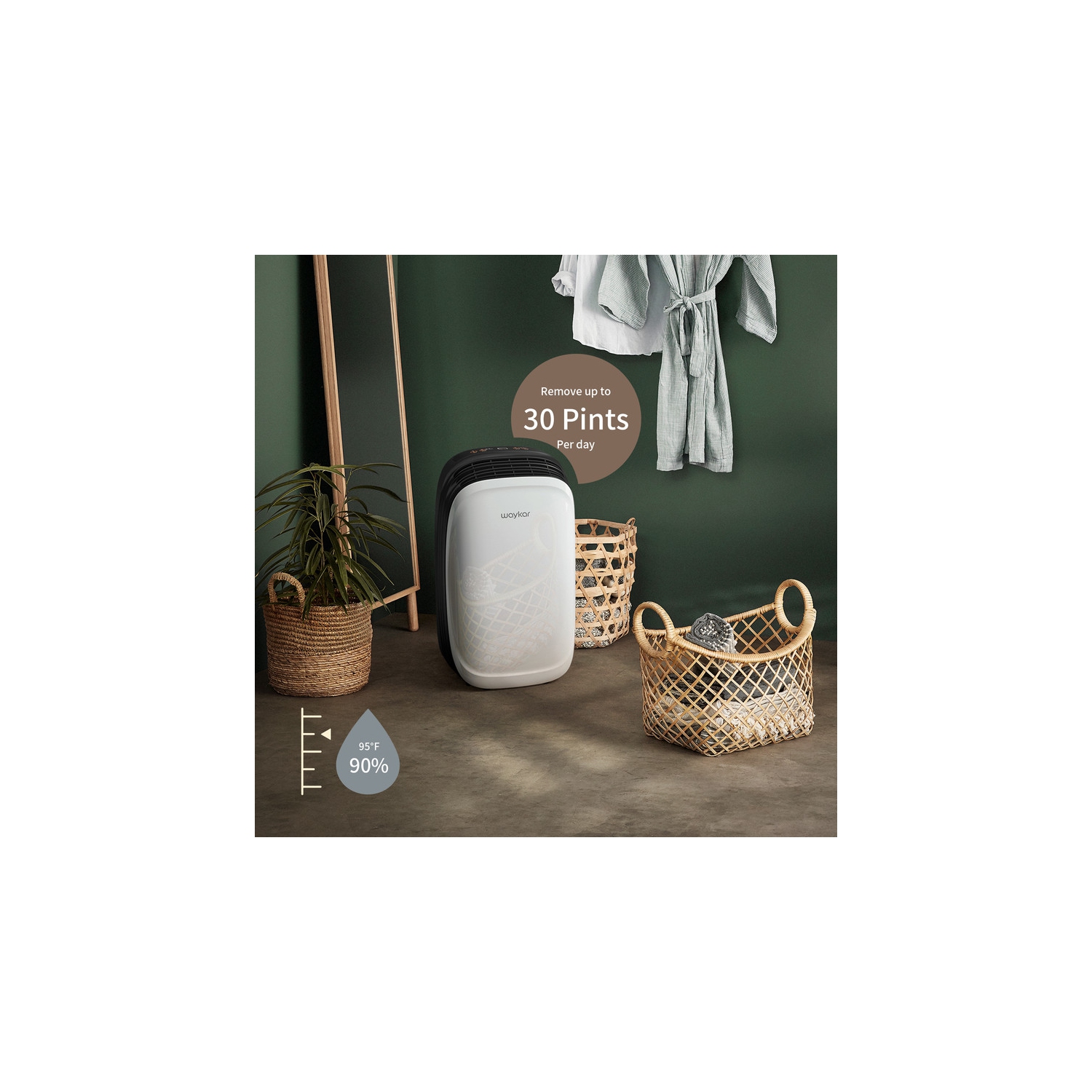 Déshumidificateur de 30 chopines de Waykar avec Smart Dry pour les sous-sols de chambre ou les pièces humides jusqu'à 2000&nbsp;pi² Blanc