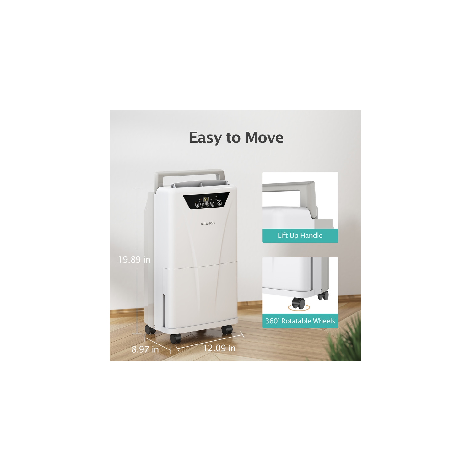 Déshumidificateur intelligent pour la maison Kesnos d'une capacité de 34 chopines avec seau et drain pour 2500&nbsp;pi² max Intérieur, blanc