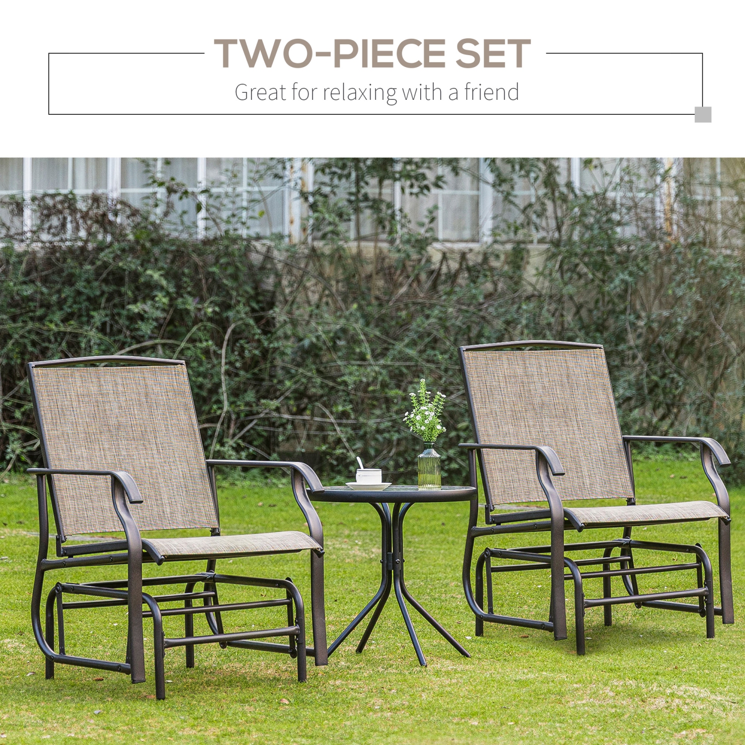 Outsunny 2 Pieces Outdoor Patio Glider Chairs, 2 Person Glider Rocking Chair Set with Breathable Mesh Fabric and Steel Frame for Porch, Garden,