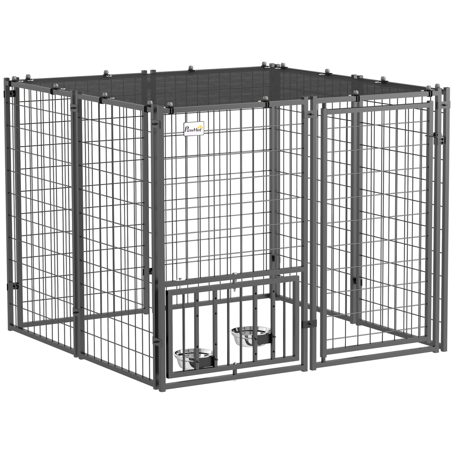 PawHut Dog Run Outdoor, Welded Wire Outdoor Dog Kennel with 4 Levels Adjustable & Rotatable Dog Bowls, Sun-Shade Cover, Secure Lock, for Small and