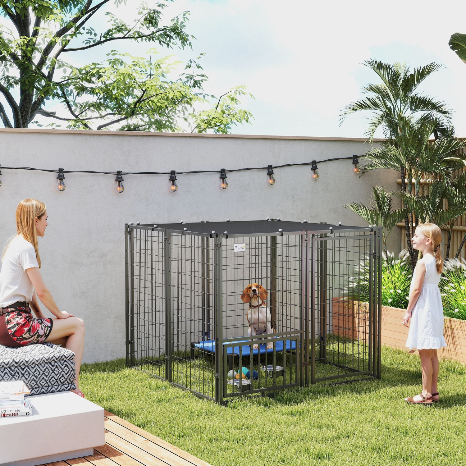 PawHut Dog Run Outdoor, Welded Wire Outdoor Dog Kennel with 4 Levels Adjustable & Rotatable Dog Bowls, Sun-Shade Cover, Secure Lock, for Small and