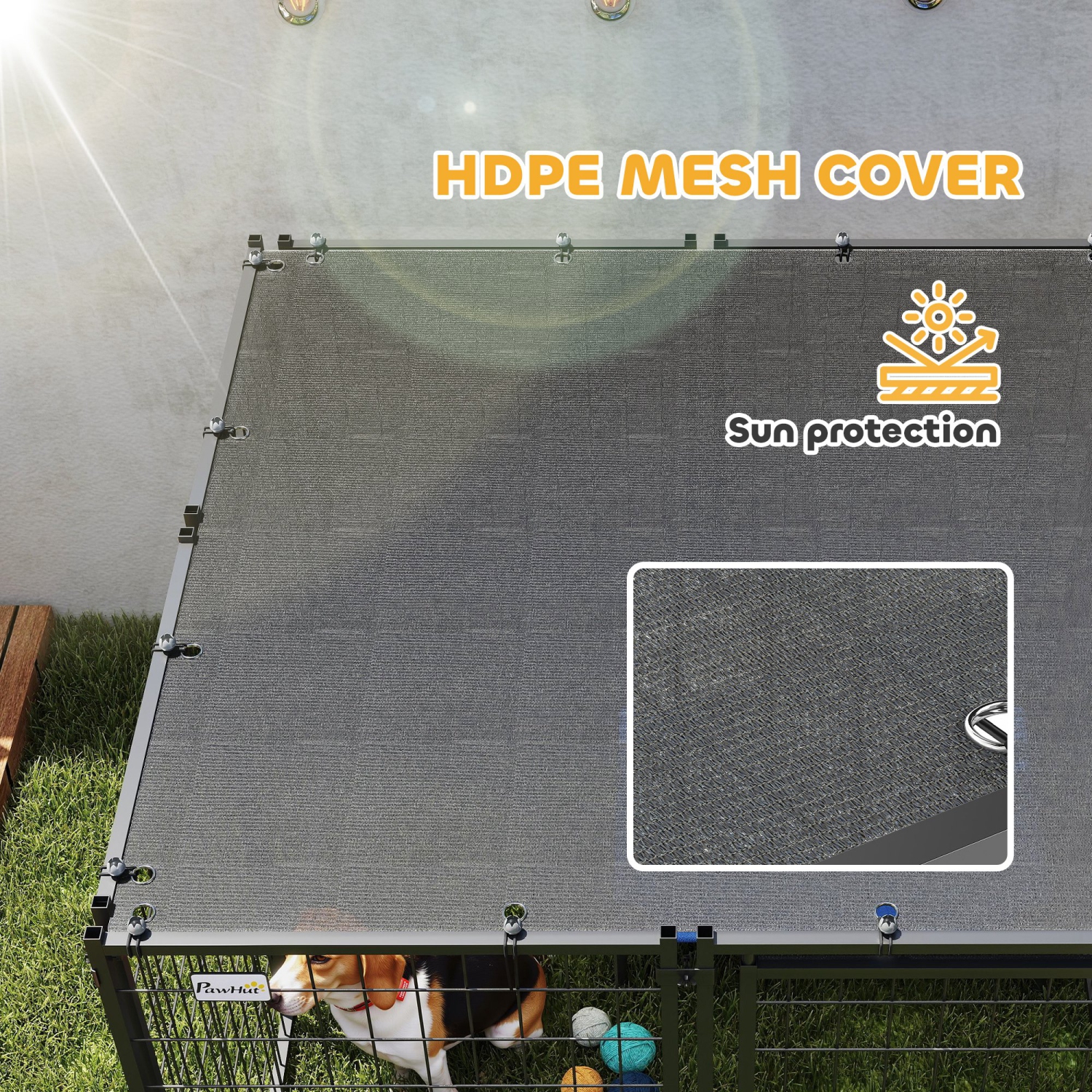 PawHut Dog Run Outdoor, Welded Wire Outdoor Dog Kennel with 4 Levels Adjustable & Rotatable Dog Bowls, Sun-Shade Cover, Secure Lock, for Small and