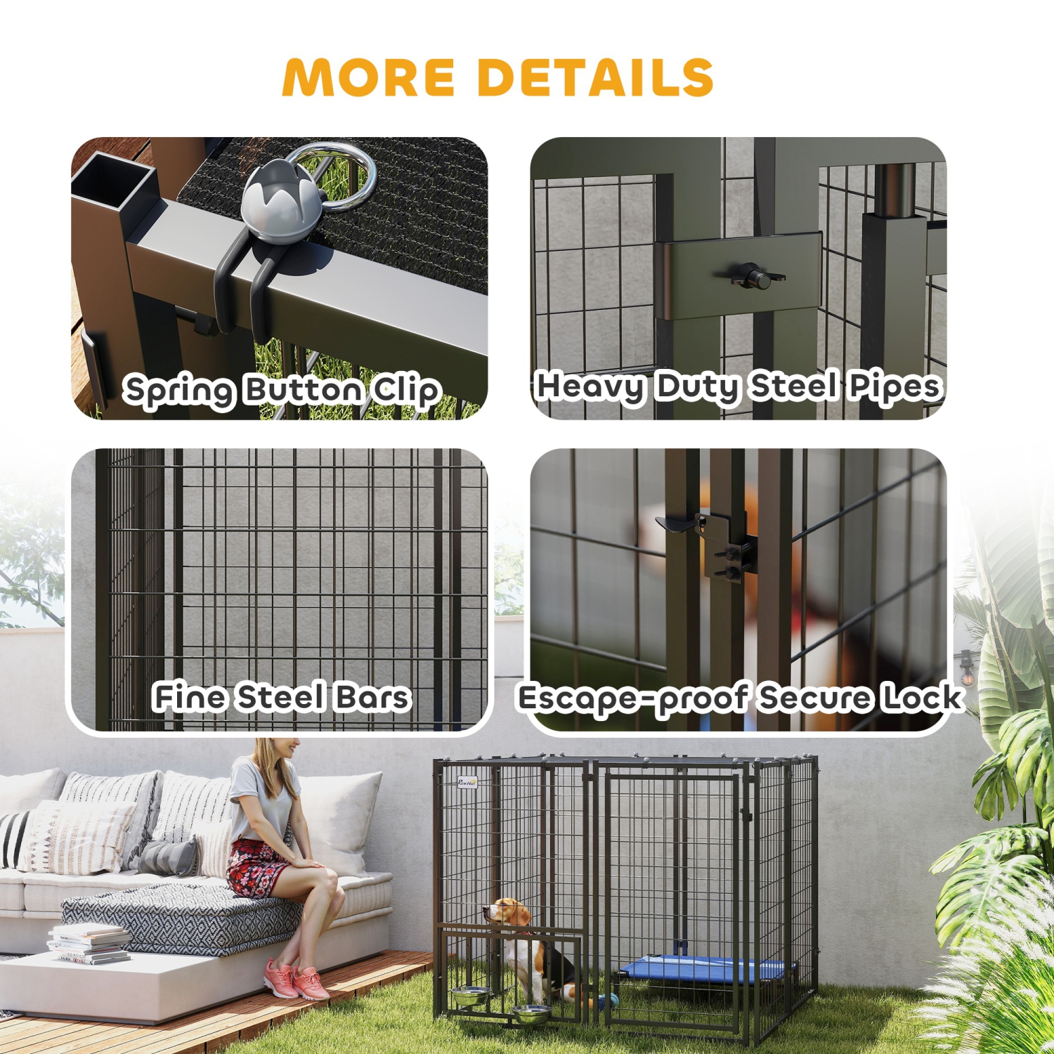 PawHut Dog Run Outdoor, Welded Wire Outdoor Dog Kennel with 4 Levels Adjustable & Rotatable Dog Bowls, Sun-Shade Cover, Secure Lock, for Small and