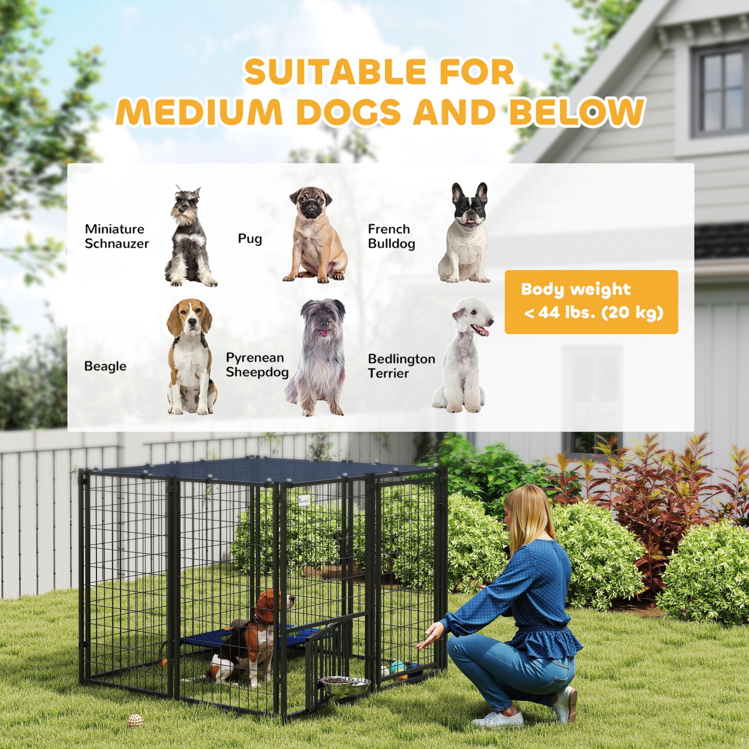 PawHut Dog Run Outdoor, Welded Wire Outdoor Dog Kennel with 4 Levels Adjustable & Rotatable Dog Bowls, Sun-Shade Cover, Secure Lock, for Small and