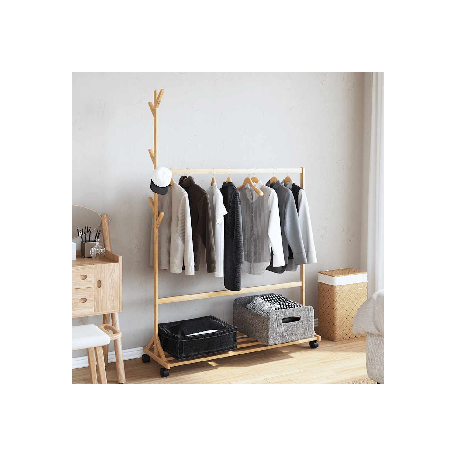 vidaXL Clothes Rack with Hooks and Wheels 100x35x157 cm Bamboo