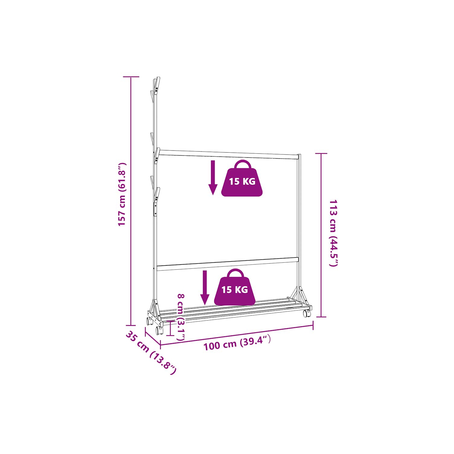 vidaXL Clothes Rack with Hooks and Wheels 100x35x157 cm Bamboo