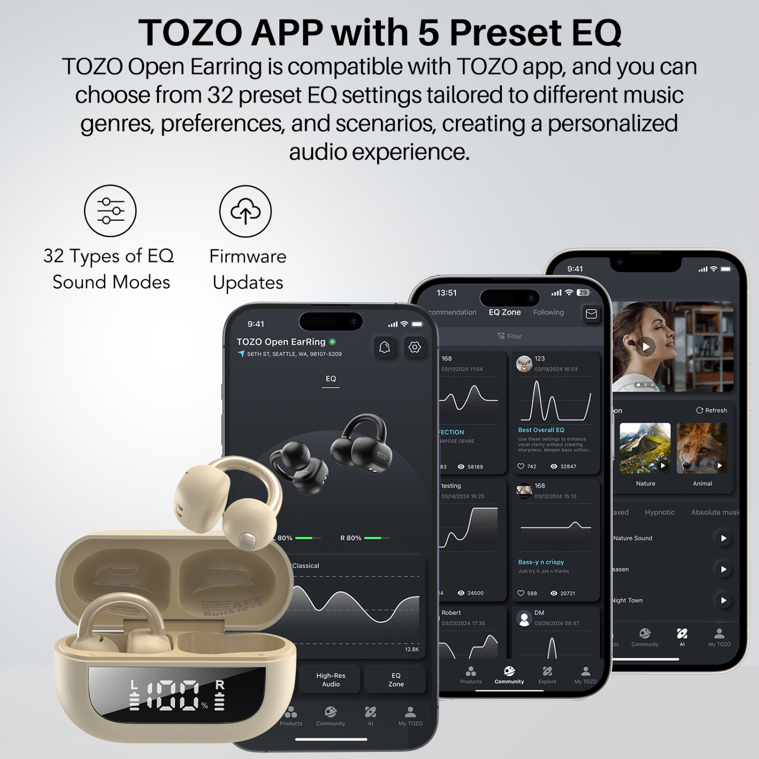 TOZO&nbsp;: Nouveaux écouteurs ouverts 100 % sans fil Bluetooth pour Outside Sports Fitness Ear Clip-Kaki