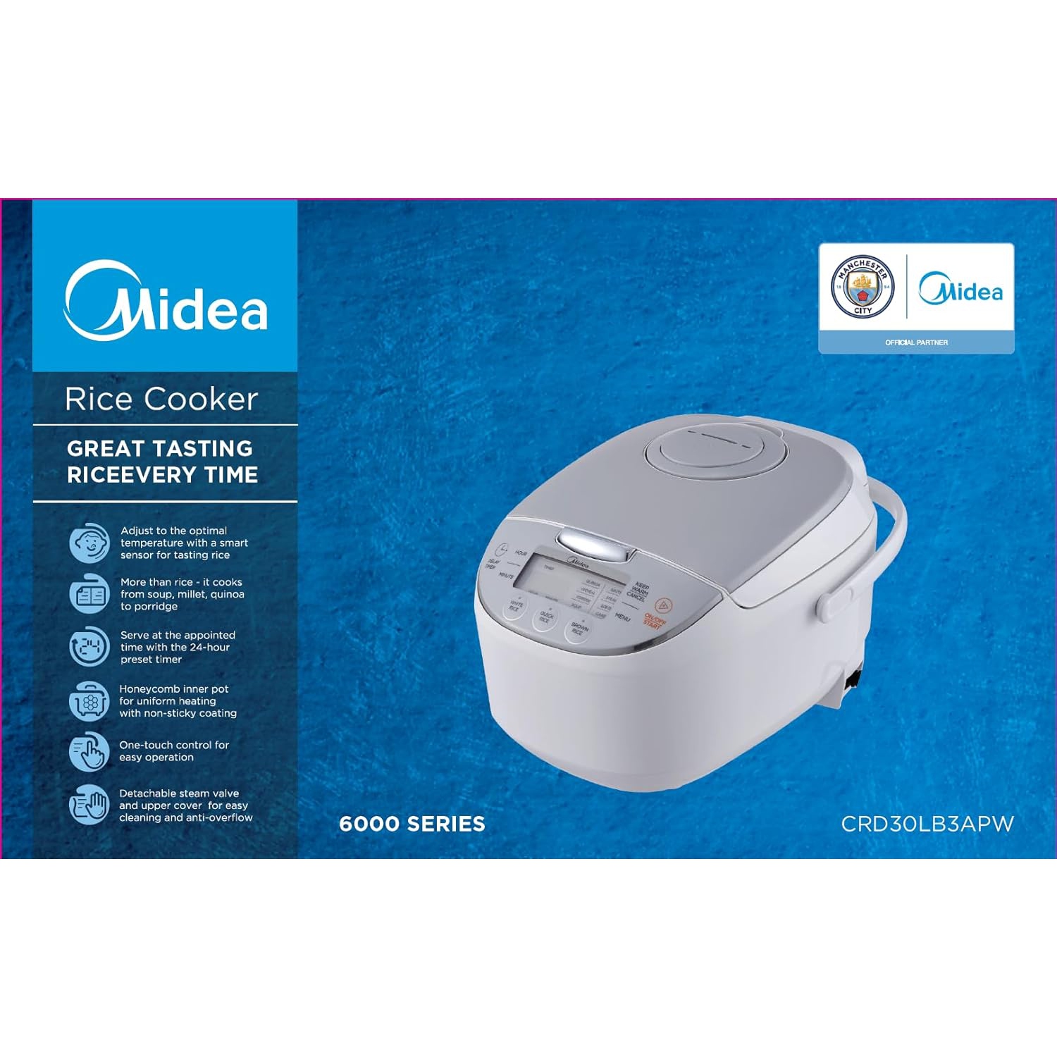 Midea 3L Digital Rice Cooker & Steamer – Multi-Function Brown Rice, Slow Cooker, White.