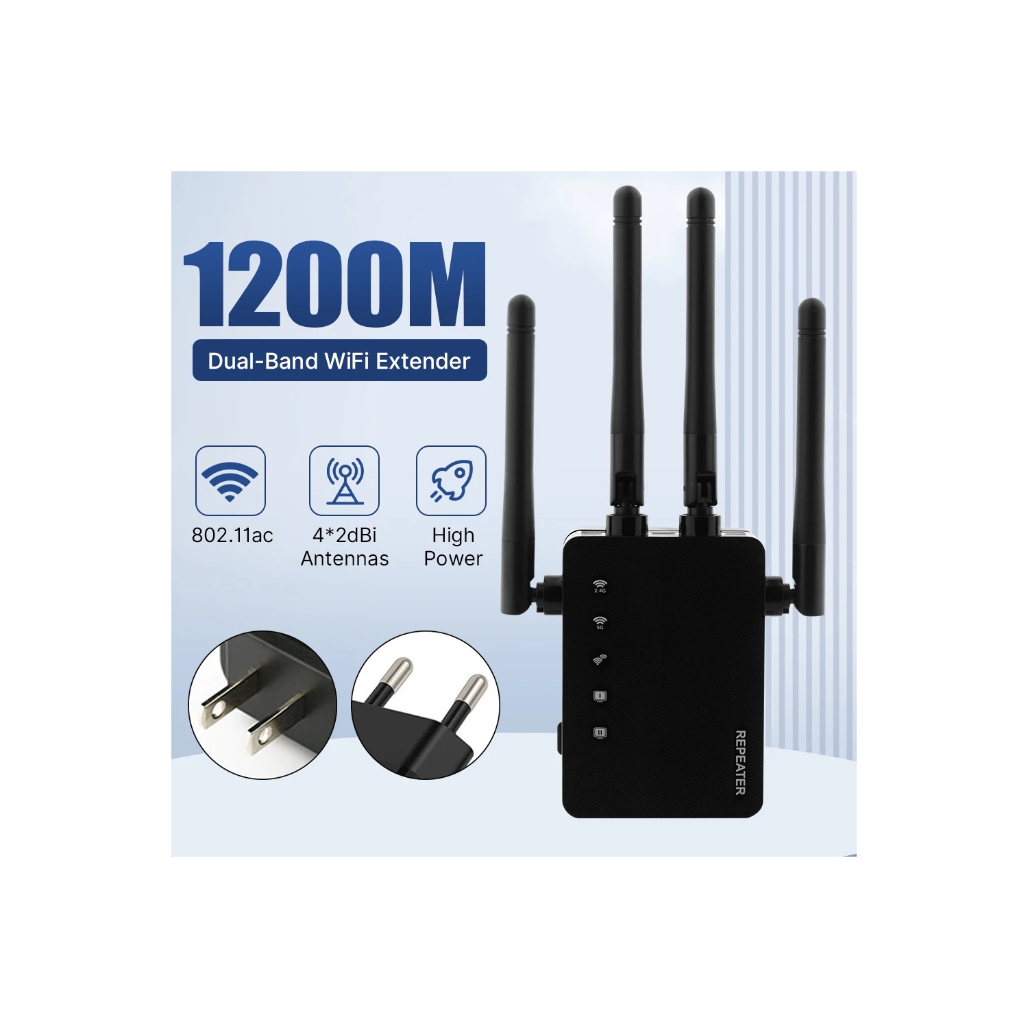 Wireless WiFi Extender Repeater with 4 Antennas Internet Signal Booster Dual Band 5GHz/2.4GHz Wide Coverage for Home Hotel