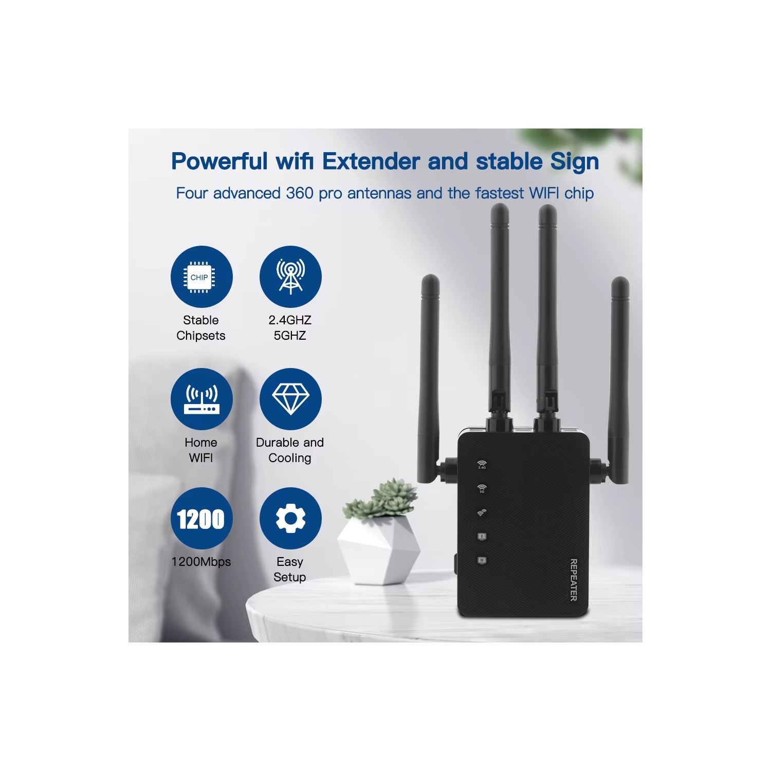 Wireless WiFi Extender Repeater with 4 Antennas Internet Signal Booster Dual Band 5GHz/2.4GHz Wide Coverage for Home Hotel
