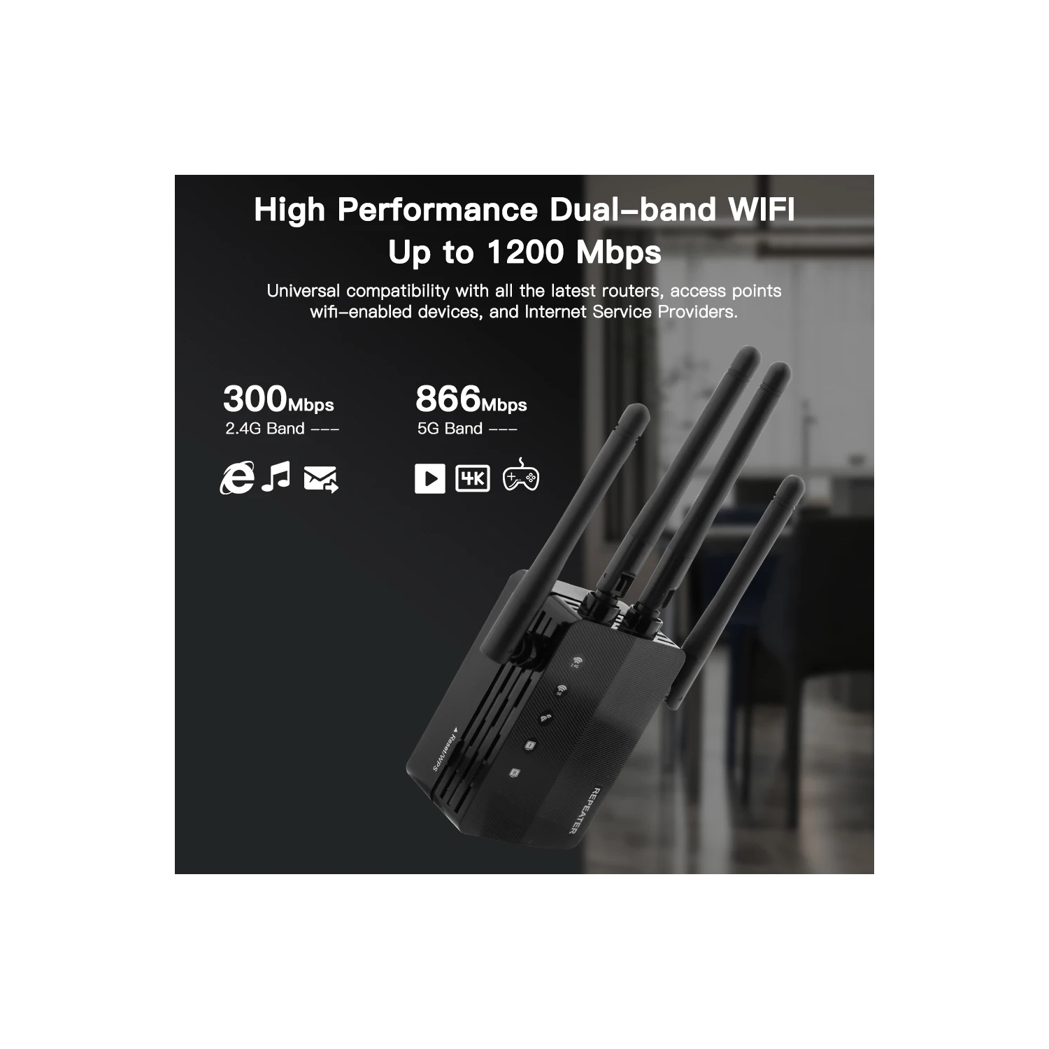 Wireless WiFi Extender Repeater with 4 Antennas Internet Signal Booster Dual Band 5GHz/2.4GHz Wide Coverage for Home Hotel