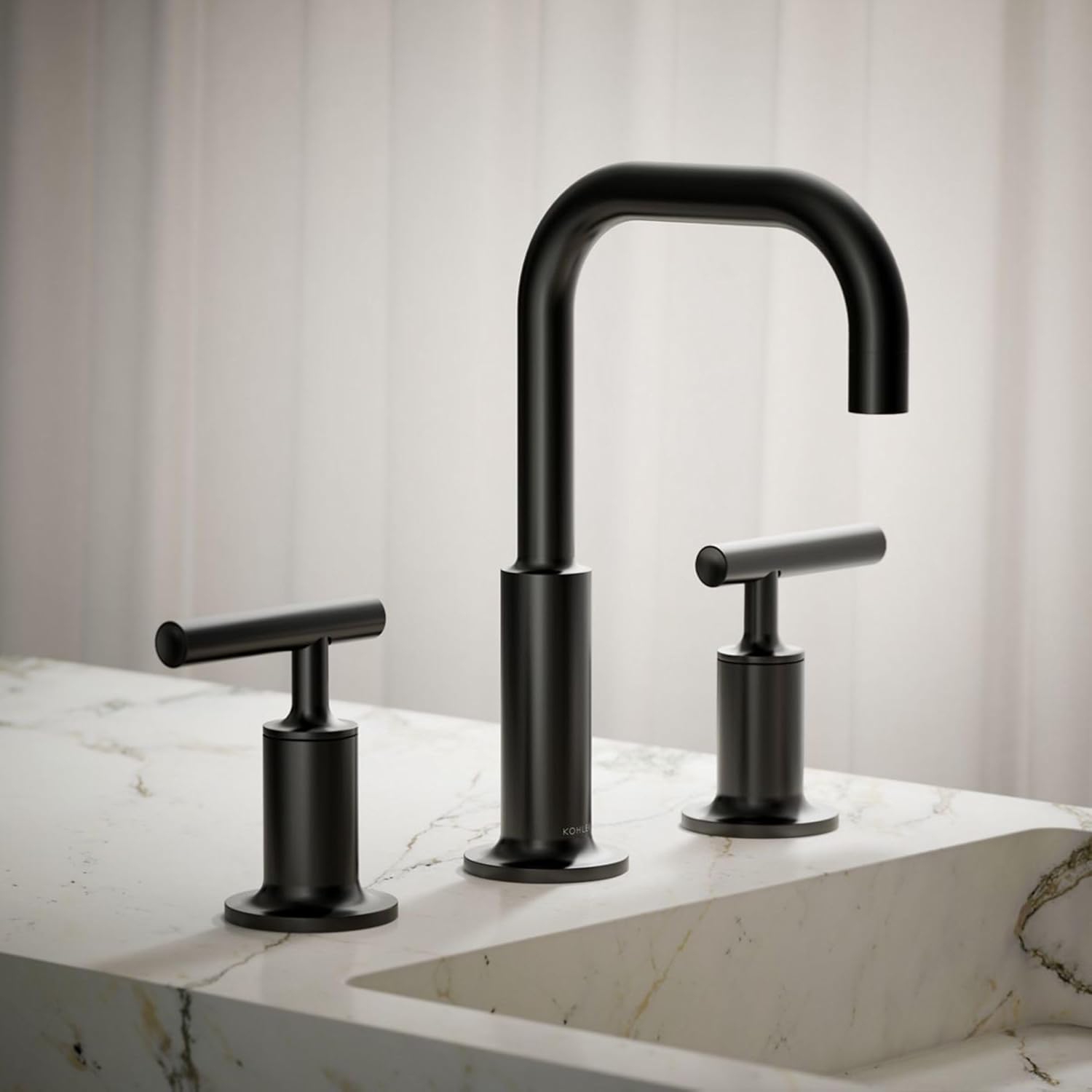 KOHLER Purist K-14406-4-Bl Widespread Bathroom Sink Faucet with Metal Drain Assembly in Matte Black